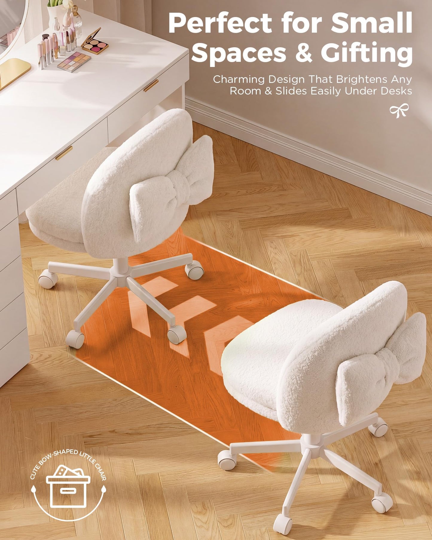 GTPLAYER Velvet Tall Office Chair with Wheels Vanity Chairs with Back, Versatile Height Use: Office to Bar Stools Small Ergonomic Comfy Armlees Computer Desk Chair with Bow Lumbar Pillow for Gift