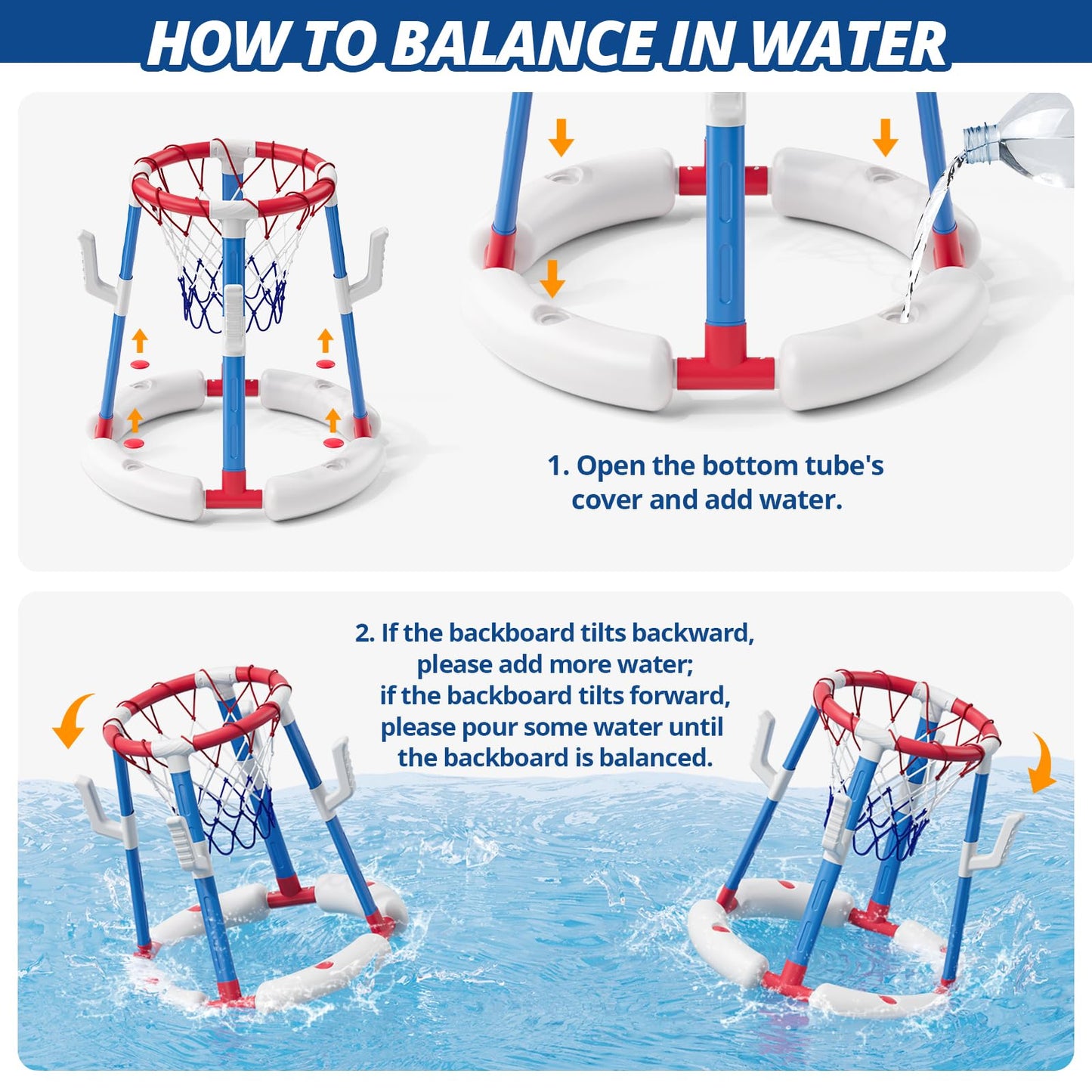 2 in 1 Pool Basketball Hoop Set with Ring Toss Game, Floating Water Pool Toys with 4 Balls, 8 Rings & Pump, Summer Outdoor Swimming Pool Toys Gifts for Adults Kids Teens, Red