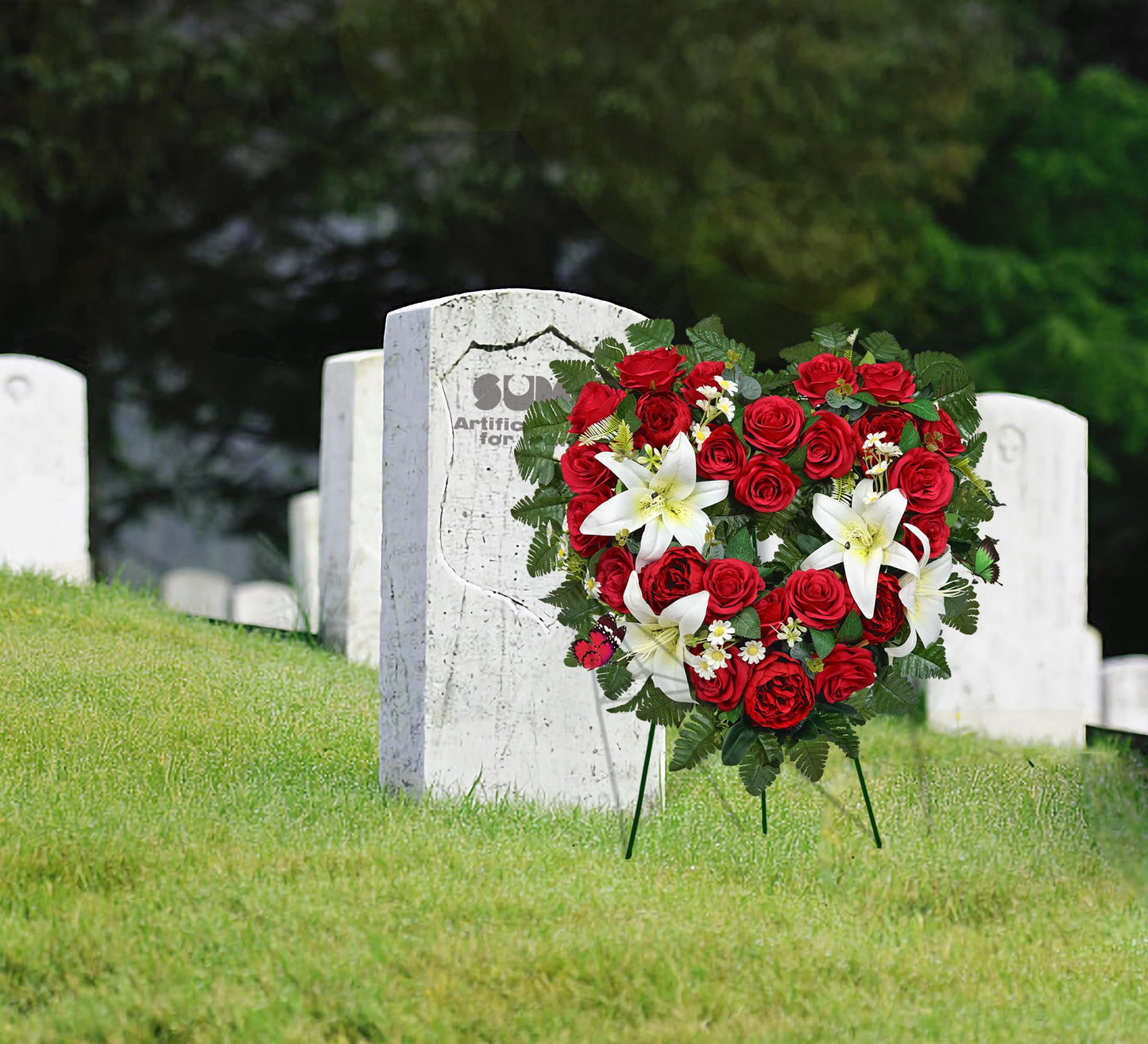 SUHOOKOO Cemetery Flower - Ebullient Remembrance Standing Heart, Grave Wreath with Easel Stand,Memorial Floral-Red Rose Hibiscus/White Lily-27 Inch