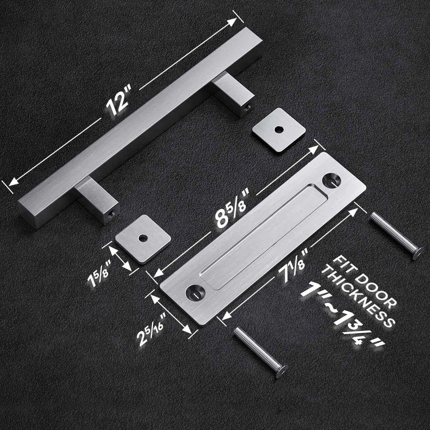 EaseLife 12" Stainless Steel Sliding Barn Door Pull Handle with Flush Hardware Set,Double Sided,Brushed Finish,Square,2 Pack