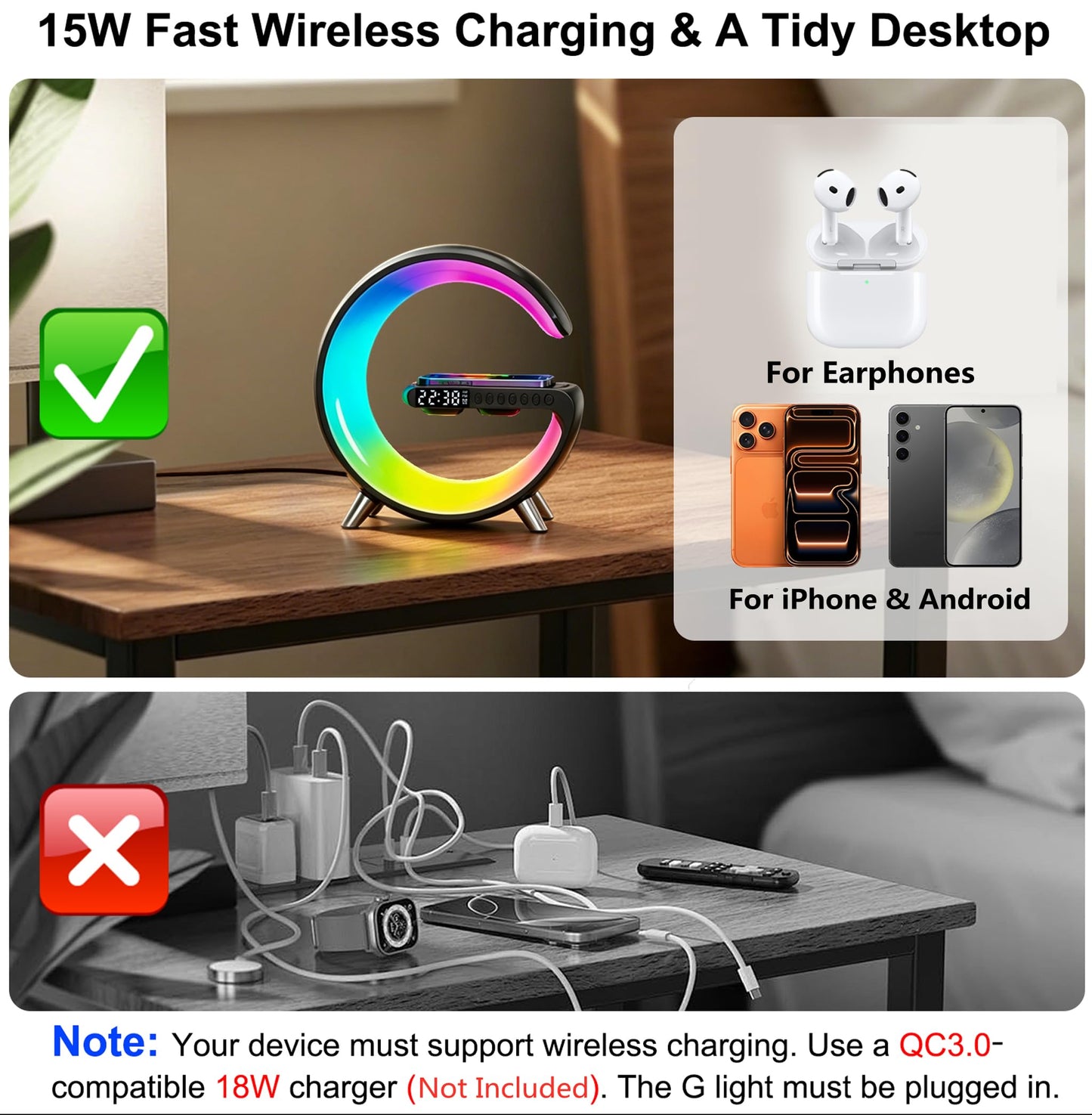 Smart LED Table Lamp, 4-in-1 Wireless Charger, Night Light, Alarm Clock, Bluetooth Speaker with App Control, Bedside Lamp with Charging Station for Bedroom, Office, Home Decor, Teen Girls Boys Gifts
