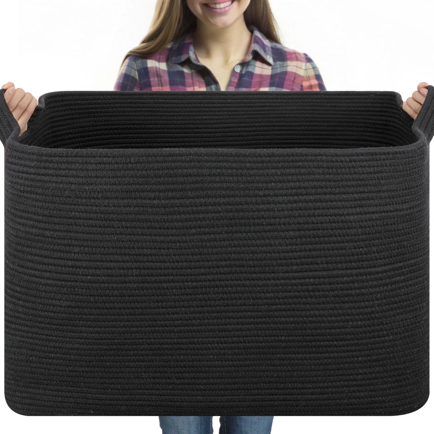 OIASKET 118L Extra Large Blanket Basket, 24.8" x 17.7" x 17.2" Woven Storage Basket for Living Room, Rectangle Nursery Blanket Storage for Toys, Towels, Dirty Clothes (Black)