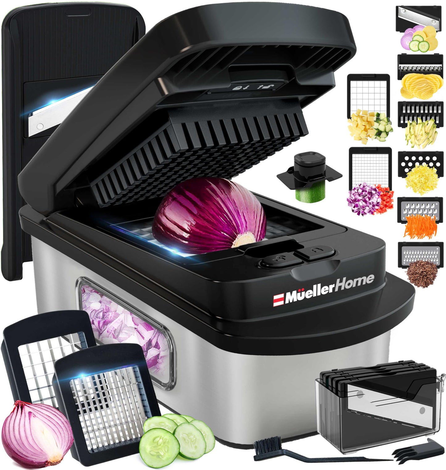 MUELLER HOME Pro-Series 10-in-1, 8 Blade Stainless Steel Multi Vegetable Chopper And Mandoline Slicer, Kitchen Tools and Gadgets, Food and Veggie Chopper, Mincer, Dicer, French Fry Cutter, Black
