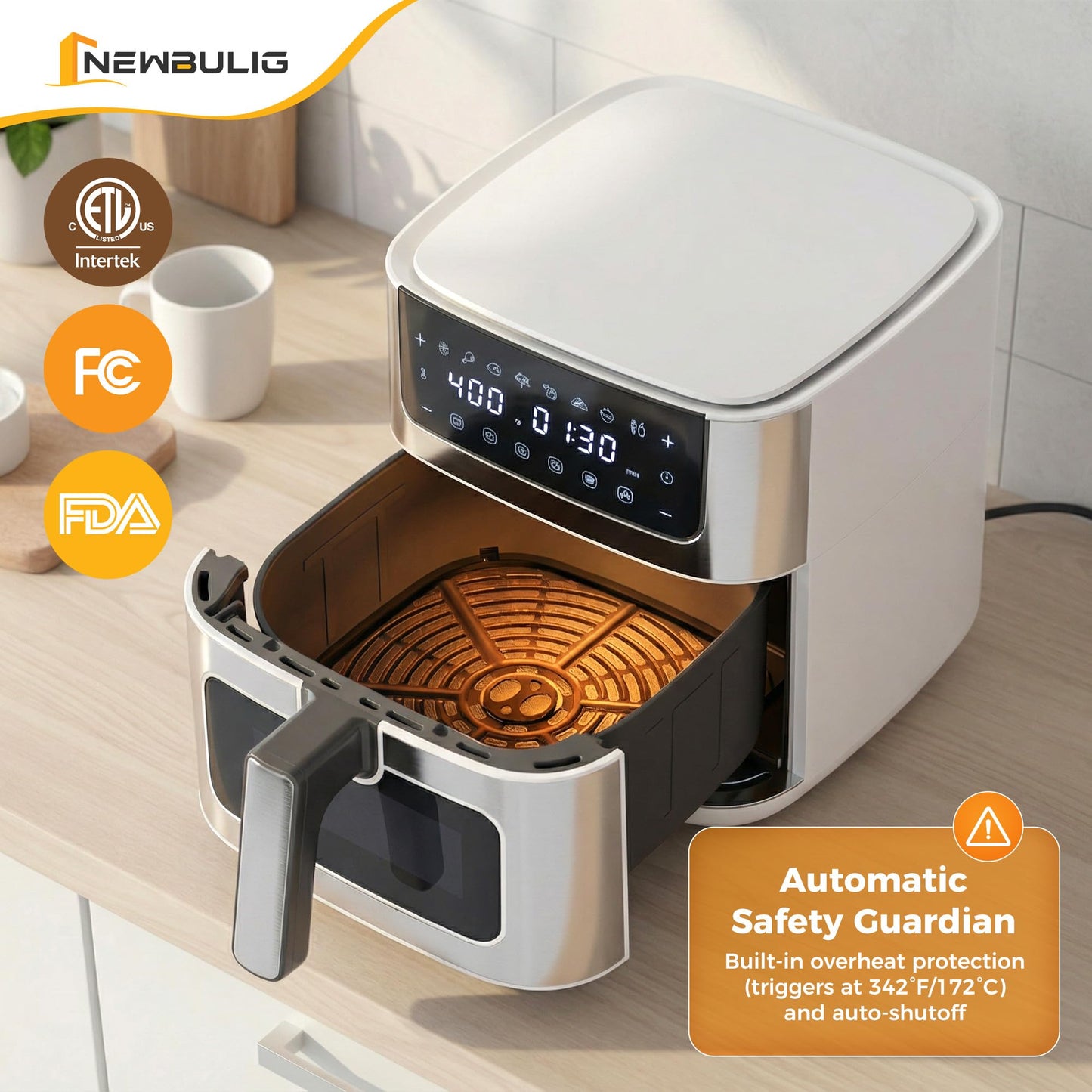NEWBULIG Air Fryer 6.34QT Airfryer with Visible Window Stainless Steel