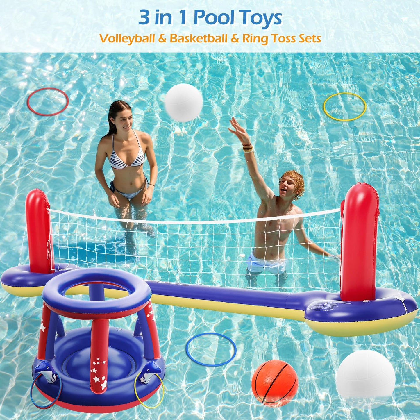 Jasonwell Pool Toys Games Set - 3 in 1 Pool Volleyball Net Basketball Hoop Ring Toss Game Inflatable Floats Water Floating Volleyball Swimming Pools Games Party Gift for Kids Adults (Red&Blue, L)