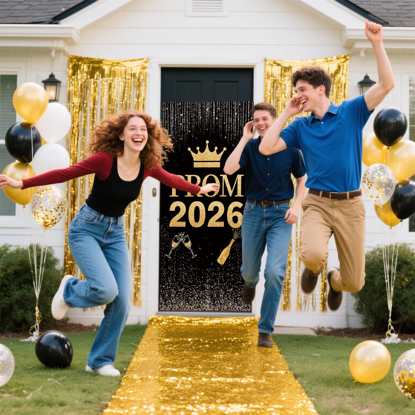 Prom 2026 Party Decorations Set Glitter Carpet Runner 15 x 2ft Runway Rug for Prom Party with Prom 2026 Door Banner, Tinsel Foil Fringe Curtains, Balloons for Graduation Prom Decoration (Gold)