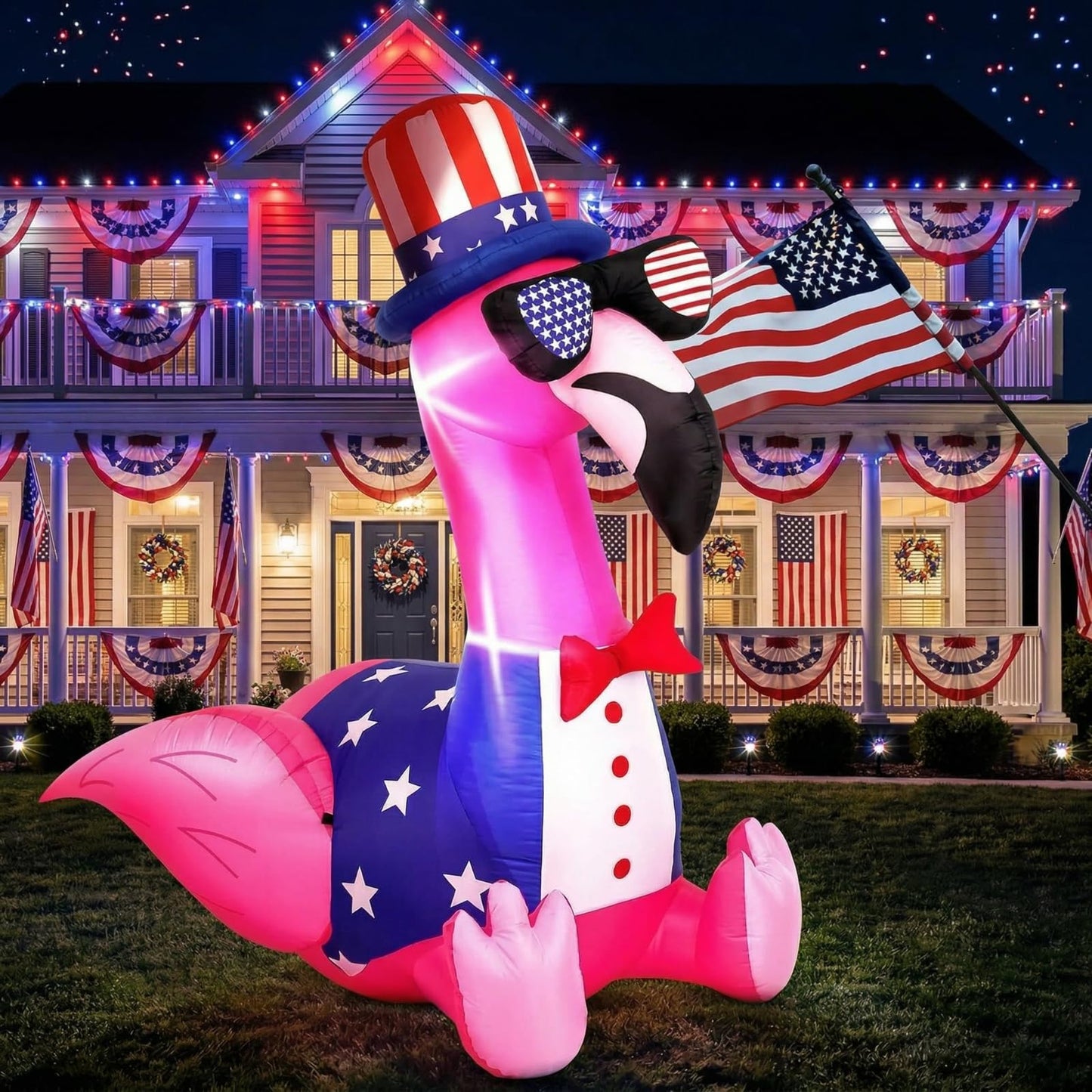 Leyndo 5 ft 4th of July Inflatables Outdoor Decorations Flamingo Patriotic Inflatables Independence Day Blow up with Built-in LEDs Lights for Yard Garden Lawn Memorial Holiday Party Decor
