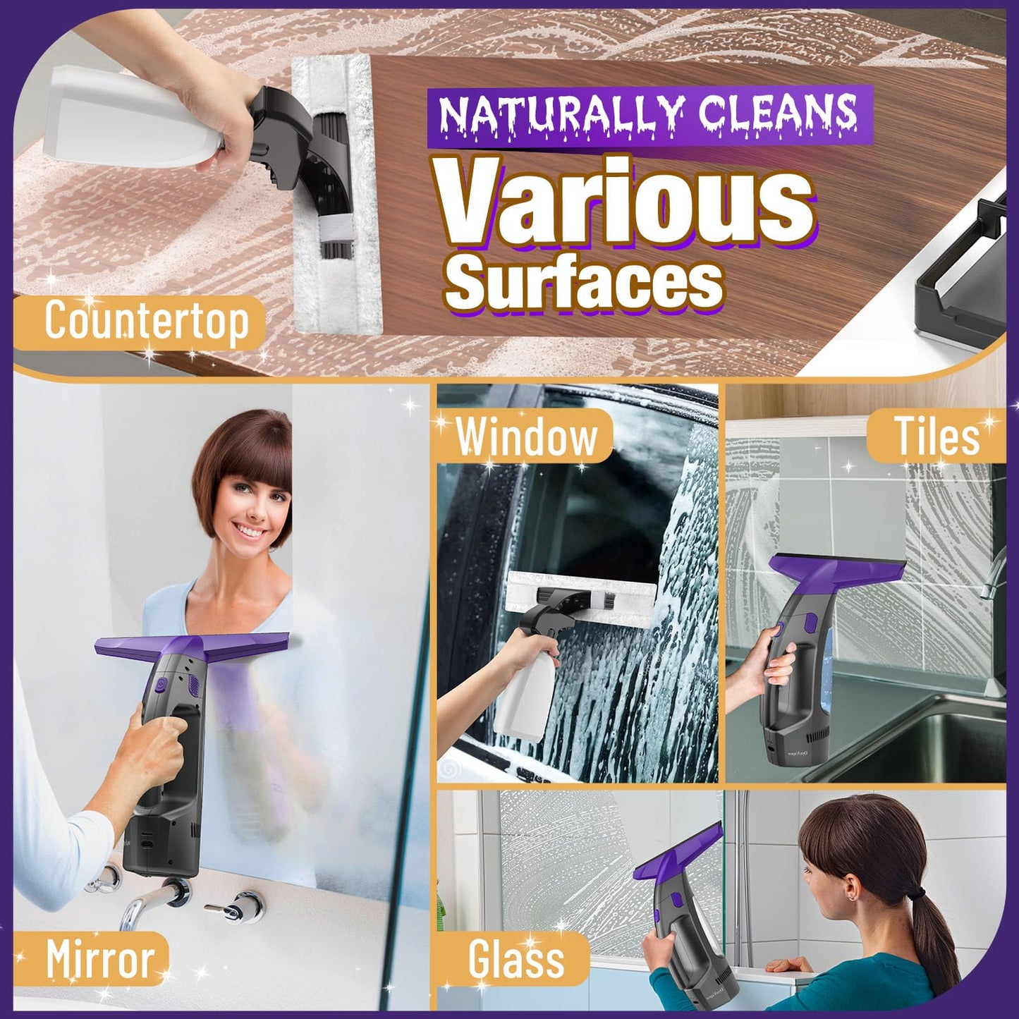 2000Pa and 2500mAh Electric Window Cleaner Tool with Gloves and 2 Cleaning Cloth, Window Vacuum Squeegee Cordless with 360ml Spray Bottle & 100ml Water Tank for Window, Mirror, Countertop, Tile