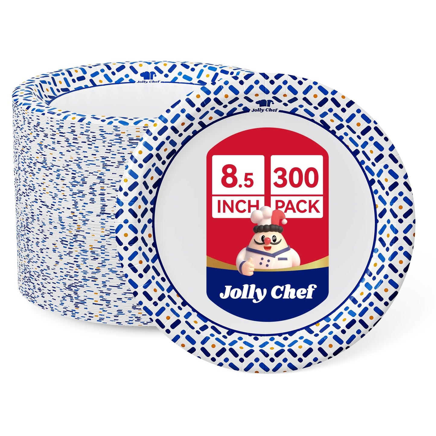 JOLLY CHEF 300 Count 8.5 Inch Paper Plates, Soak-Proof, Cut Proof, Disposable Heavy Duty Plates for Everyday Use, Picnic, Family Gatherings, Parties