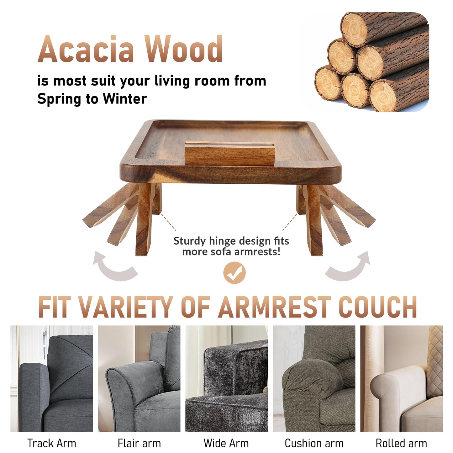 SINWANT Couch Arm Table, Acacia Wood Sofa Arm Rest Tables Couch Armrest Table with 360° Phone Holder,Portable Sofa Armrest Tray for Drink Snacks