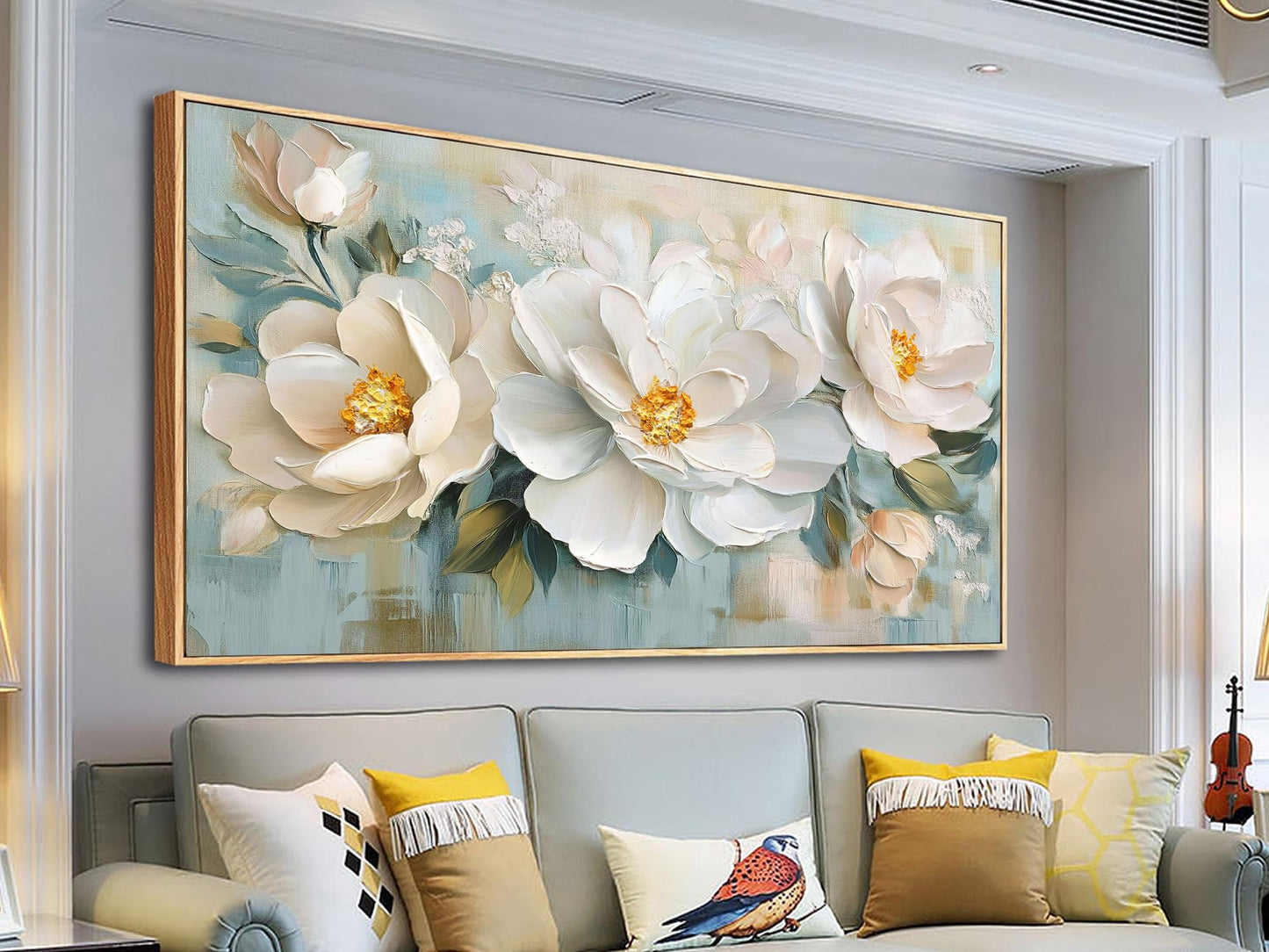 Enartly White Flowers Framed Wall Art for Living Room, 3D Textured Floral Canvas Painting Sage Florals Picture Artwork for Bedroom Dining Room Kitchen Home Office Wall Decor, 40"x20"