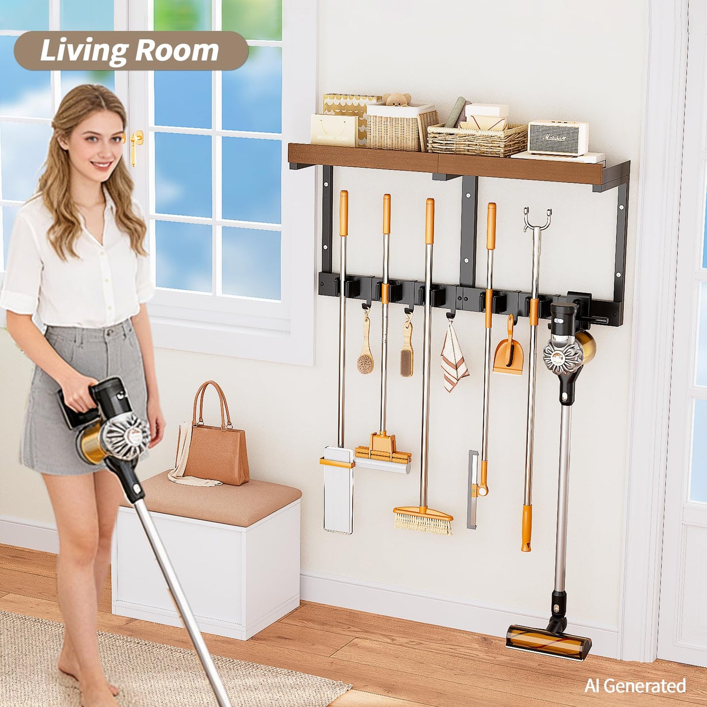 Broom Holder Wall Mount with Cleaning Supplies Organizer, Laundry Room Shelves with Mop Hanger Rack Gripper Hooks and Vacuum Organizer, Broom and Mop Organizer Wall Hanging for Home Garage Kitchen