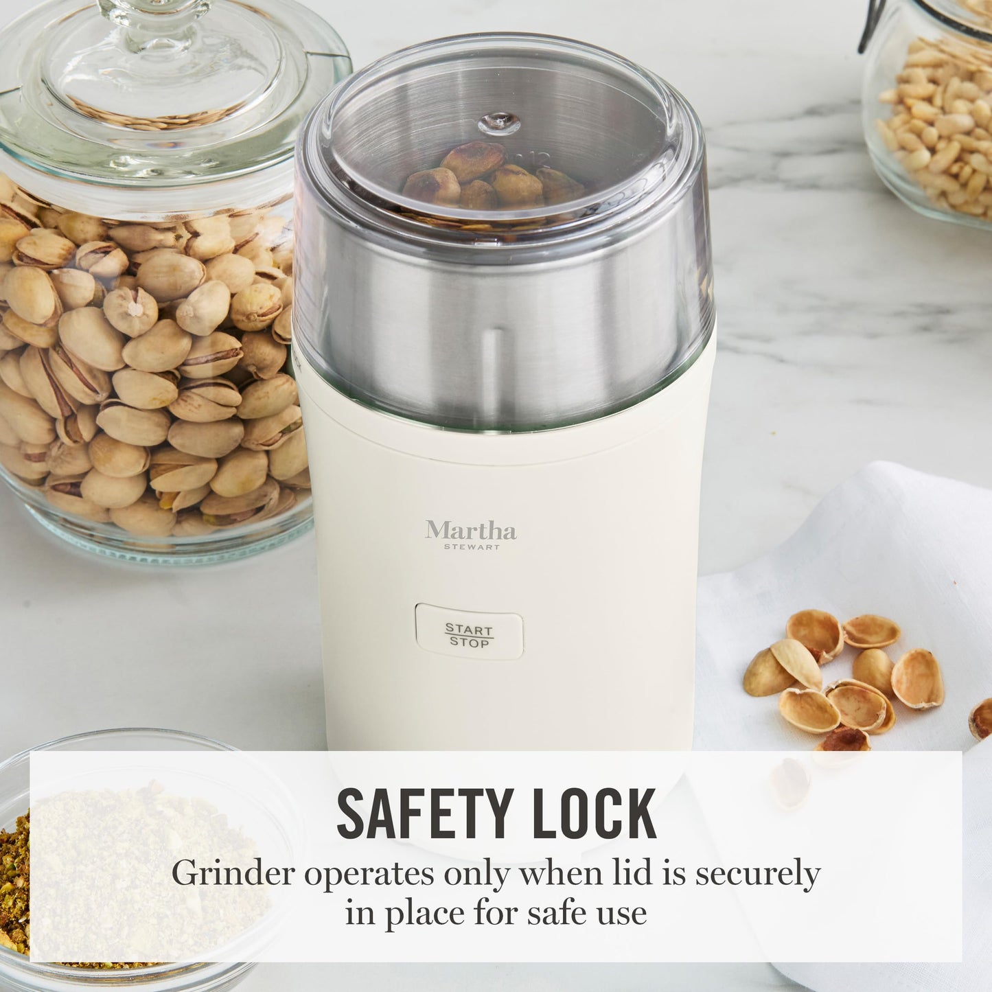 Martha Stewart Electric Coffee & Spice Grinder, Dual 2.5oz Removable Bowls, Storage Lids, Stainless Steel Blades, One Touch Pulse Control, 2-in-1 Compact, Beans & Spices, Herbs & Nuts, Linen Cream