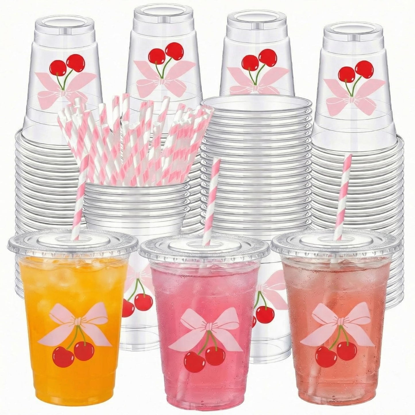 Sliner 50 Pcs 16 oz Coquette Disposable Plastic Cups with Straw for Party Supplies Bow Cups Birthday Wedding Bridal Engagement Party Drinkware Baby Shower Decoration (Cherry Bow)