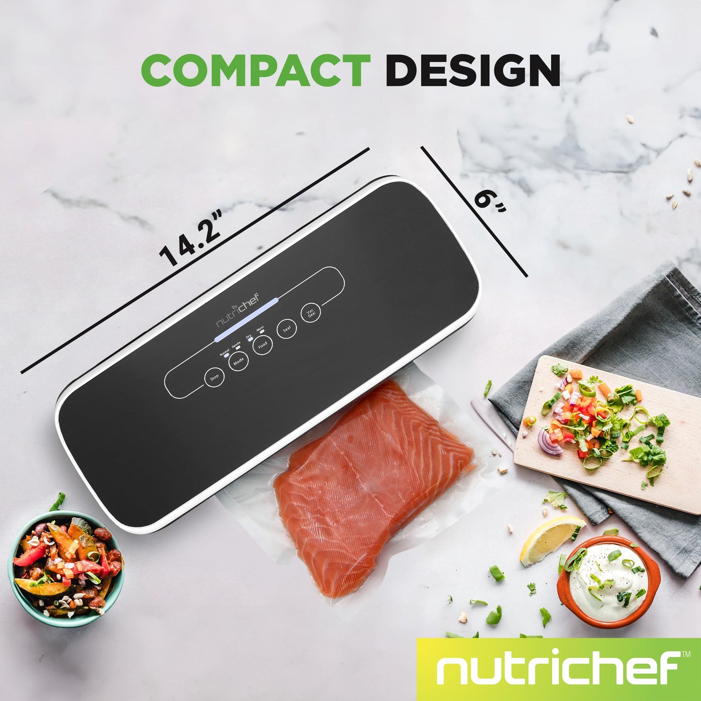 NutriChef Automatic Food Vacuum Sealer, Electric Air Sealing Preserver System for Dry and Moist Foods, LED Control, Strong Suction, Includes Bags, Wine Stopper Cork, and Air Suction Hose, 14”x6”x3”