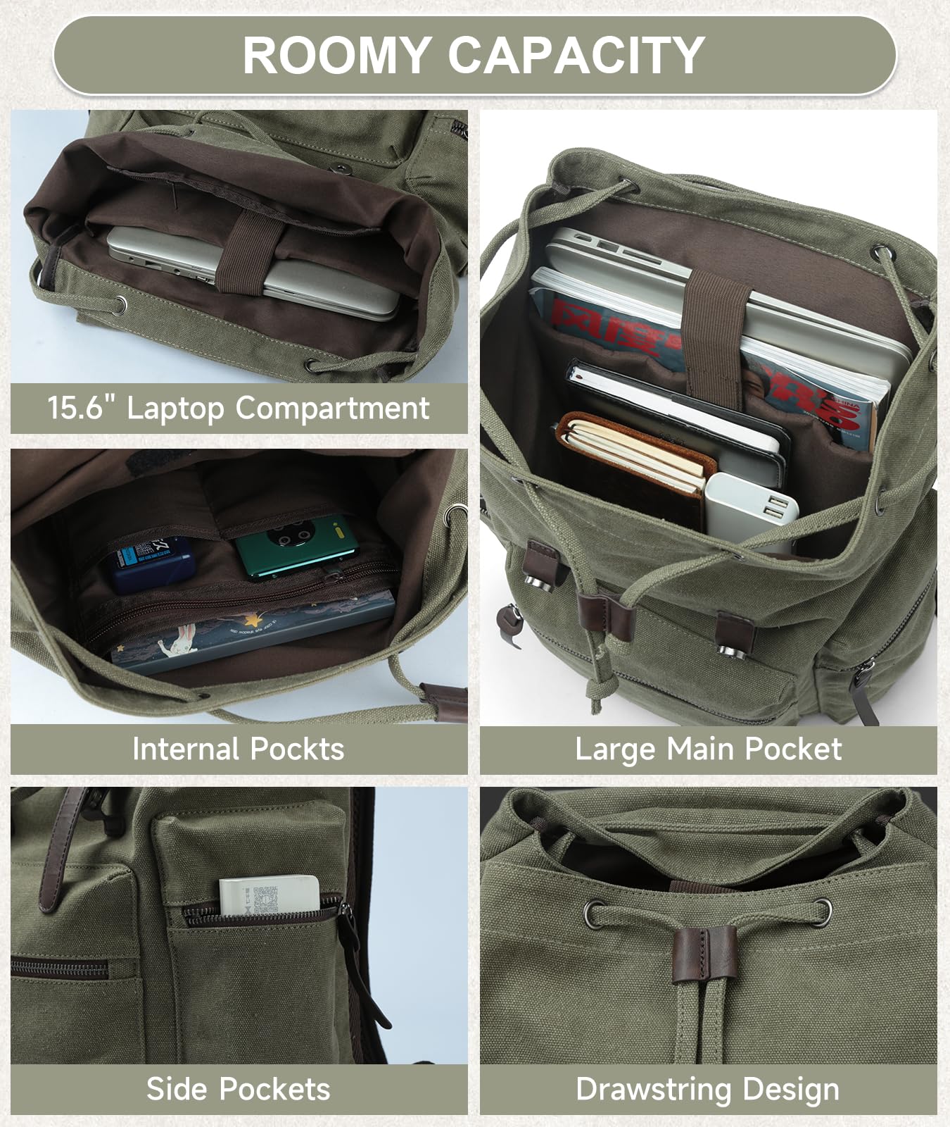 MOYYI Vintage Canvas Backpack for Men Olive Green Rucksack Fit 15.6 inch Laptop Retro Flap Daypack for Casual Hiking Travel Commute