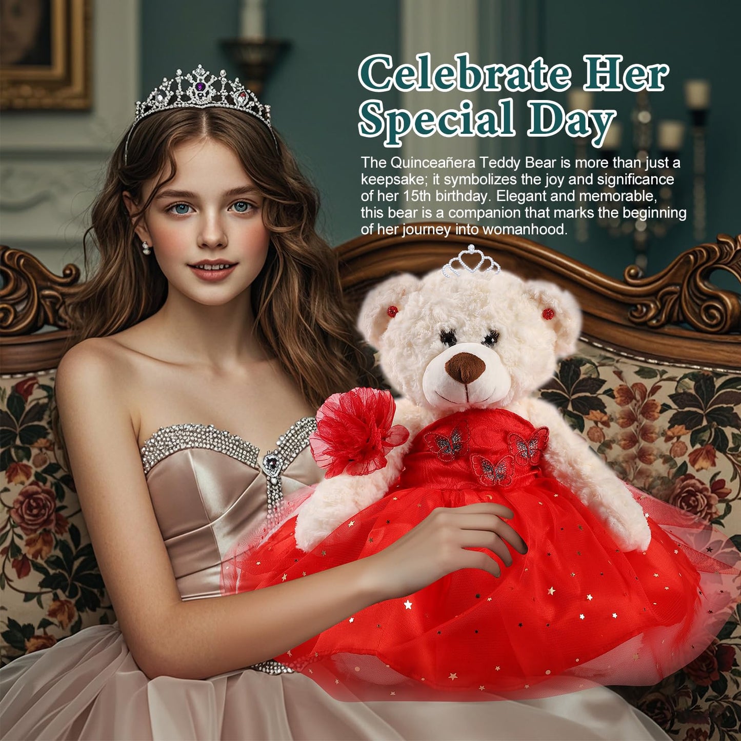 Cisina Quinceanera Doll Quince Teddy Bear with Dress,Quinceanera Decorations for Girls Gifts,OSO De Peluche para 15 Años Con Vestido,Centro De Mesa Muñecas para 15 Años Quinceañeras-Burgundy