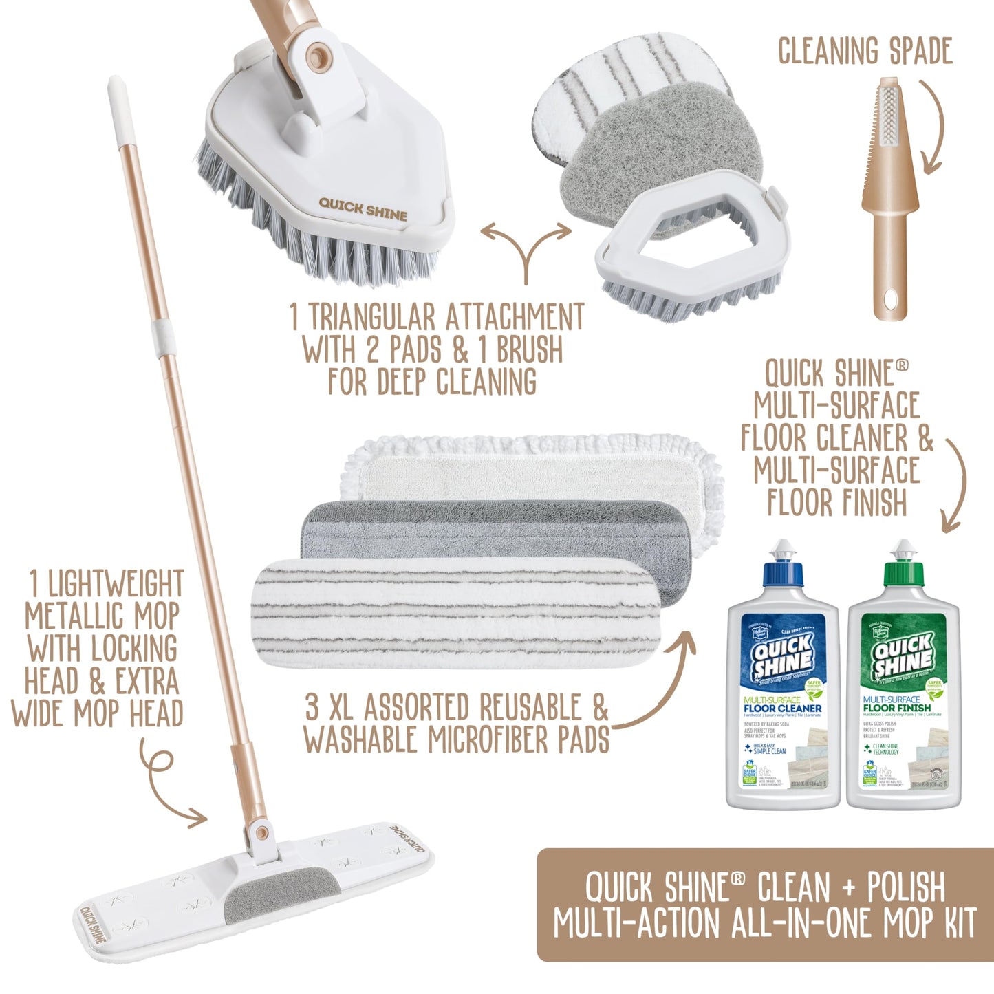 Quick Shine Ultimate Gold Clean + Polish Mop Kit, 11 Pc Set w/Interchangeable Attachments, Cleaner & Finish Included | 2-in-1 Pro Cleaning System w/ Microfiber Pads | All Floors | No Batteries Needed