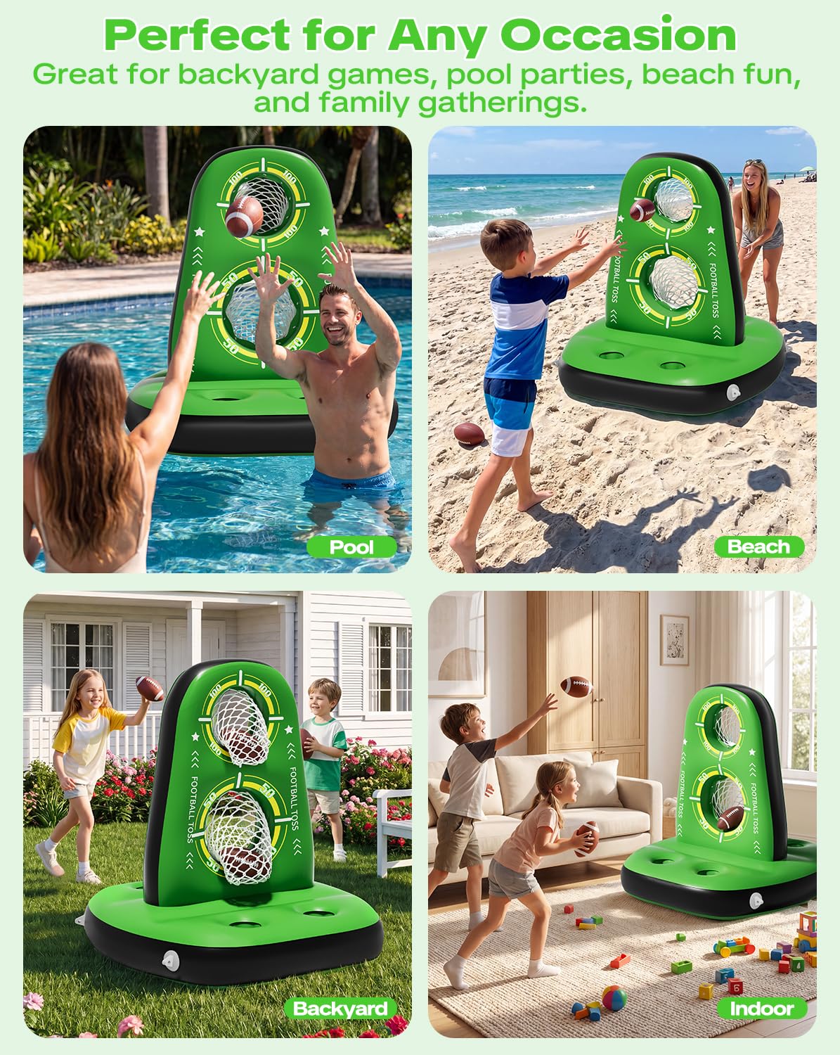 Qmioti Inflatable Football Toss Game for Pool, Floating Football Target with 4 Water Footballs & 2 Pumps, Stable Base, Outdoor Pool Games for Kids & Adults