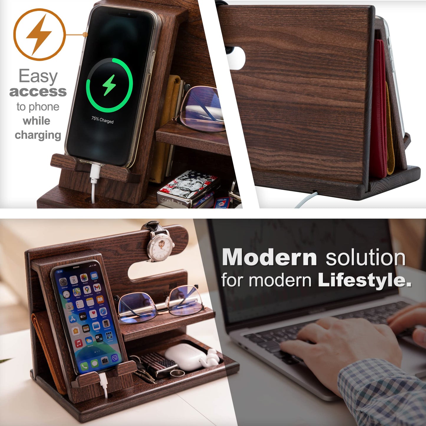 TESLYAR Wood Phone Docking Station - Nightstand Organizer - Desk Organizer for Husband - Birthday Gifts for Men, Dad - Idea for Anniversary from Wife - Key Holder - Stand Wallet & Watch (Deep Brown)
