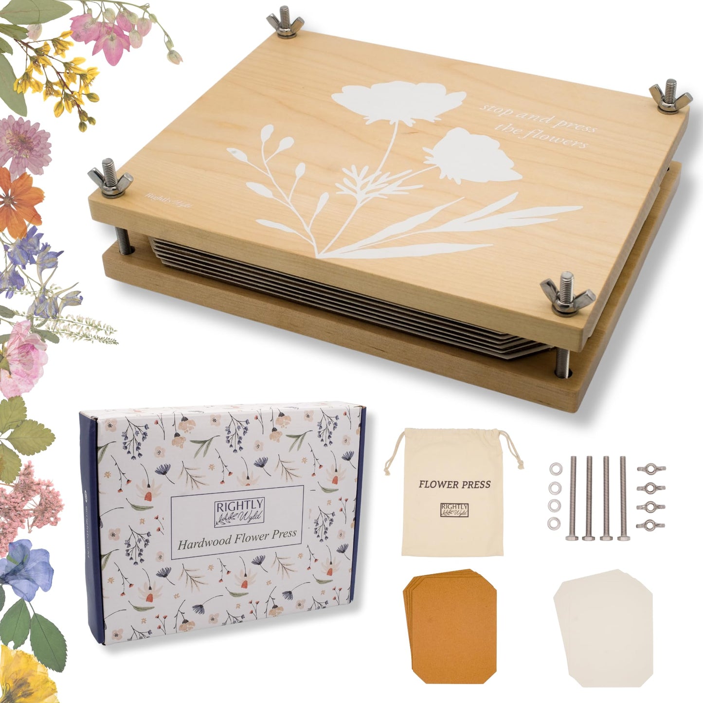 Rightly Wyld Hardwood Flower Press Kit | 8x10 in. Botanical Art Press | Up to 8 Layers | Adults & Kids | Giftable | Non-Foldable