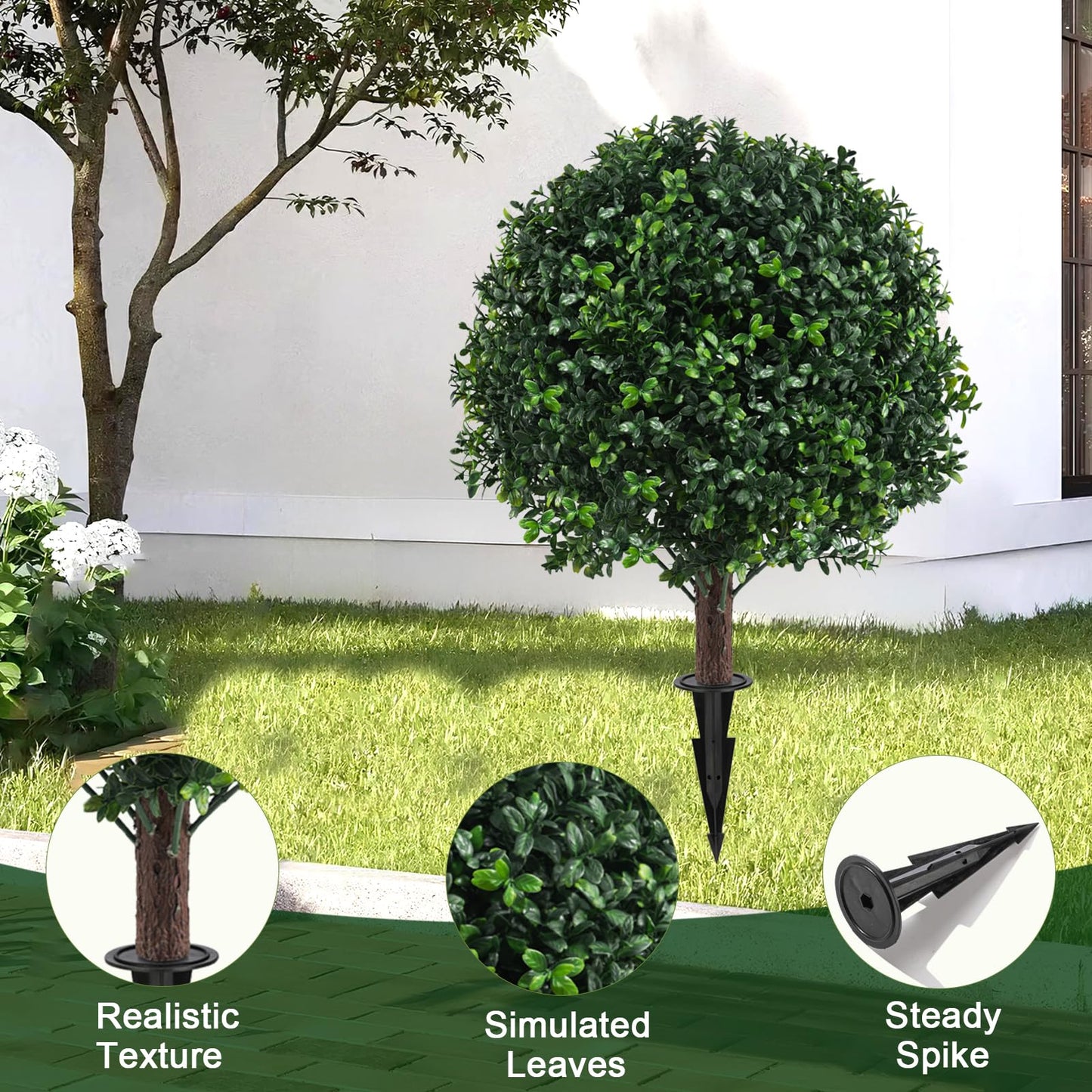Grewyear Artificial Boxwood Topiary Ball Bush for Outdoor with Spike, Set of 2 UV Resistant Faux Boxwood Ball Tree with Stake, Weatherproof Fake Round Topiary Shrub Plant for Front Porch Planter