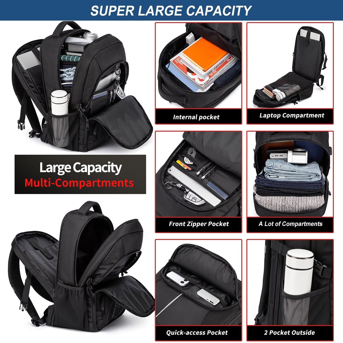 Extra Large Backpack for Men 55L,18.4Inch Travel Laptop Backpack with USB Charging Port Business Flight Approved Carry On Backpack,TSA Big Capacity Heavy Duty Computer Bag College Bookbag,Black