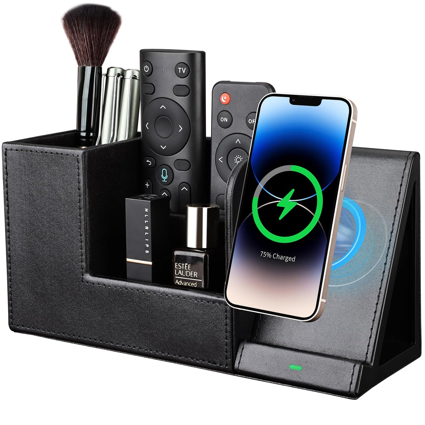 KINGFOM PU Leather Desk Organizer with Wireless Charging Station for iPhone, 10W Wireless Charger for iPhone 14/14 Pro/13/12/Samsung Galaxy S23/S22/S21/Note 20/Note 10(Black-L)