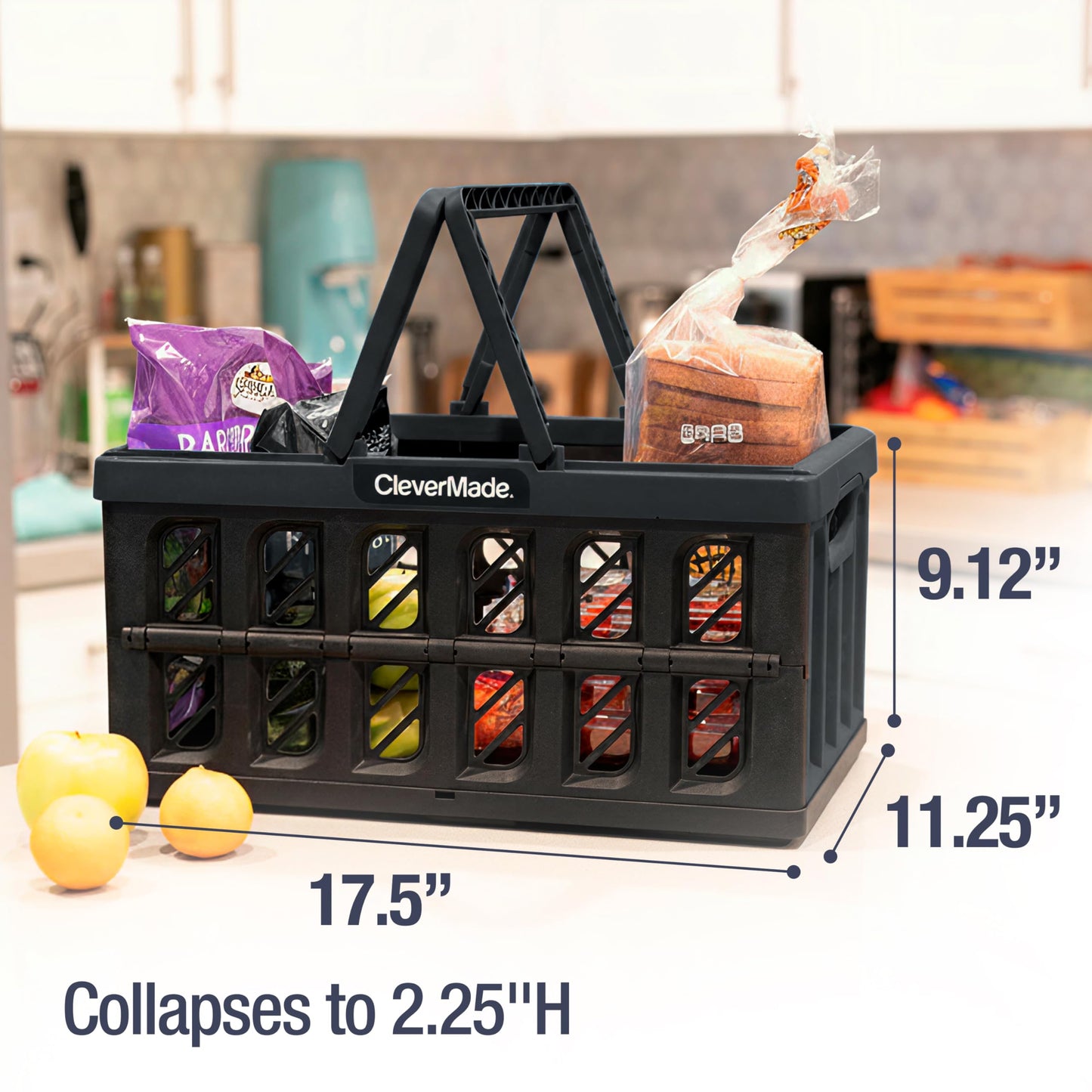 CleverMade Collapsible Shopping Basket with Handles – 24L 3 Pack Collapsible Grocery Tote, Plastic Storage Baskets Fold Flat, Stackable Collapsible Storage Bins for Car & Home - Obsidian