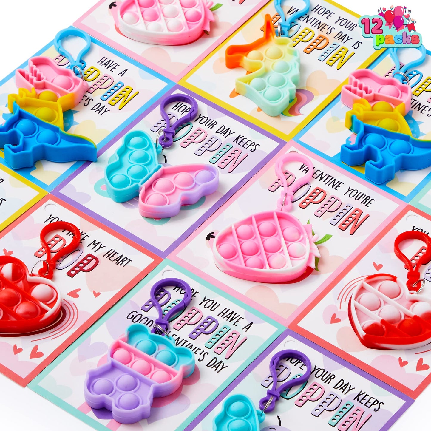 JOYIN 12 Packs Valentine's Day Cards with pop Keychain Toys, Stress Anxiety Relief Toys with Cards for Kids Valentine's Classroom Exchange Prizes, Valentine's Day Party Favors