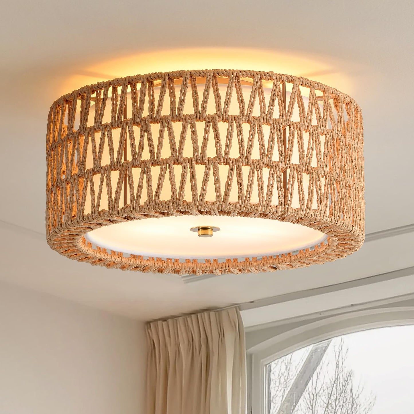 InterMaka Boho Ceiling Light Fixtures 12.6" Flush Mount Ceiling Light, Hand-Woven Rattan Light Fixture for Bedroom Close to Ceiling Light Modern Ceiling Light for Foyer Hallway Entryway Kids Room