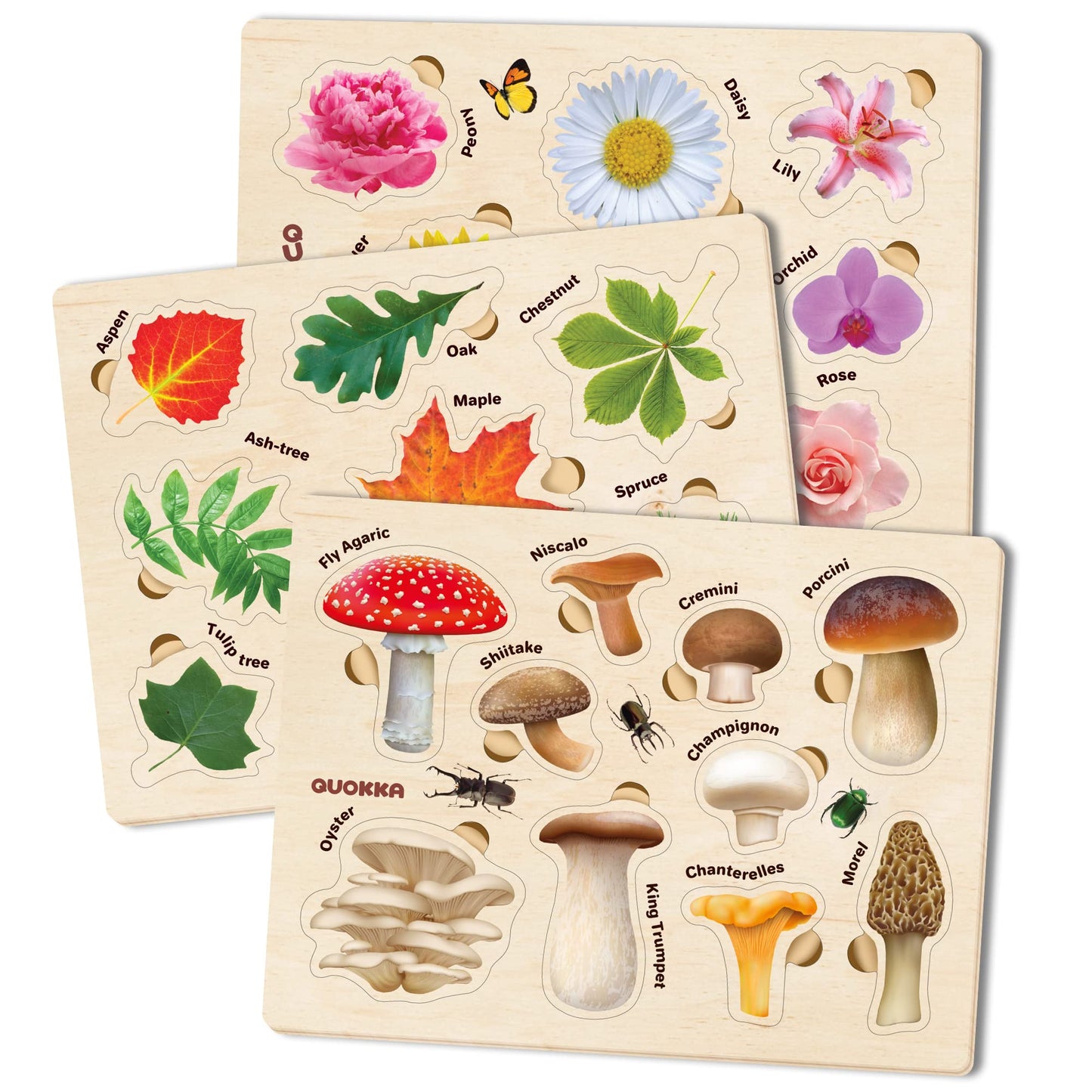 QUOKKA Wooden Puzzles for Toddlers 1-3 – 3X Set Montessori Toys Puzzles for Kids Ages 2-4 – Wood Educational Baby Game 12-18 Months – Gift Learning Mushrooms Flowers Leaves - Boy & Girl 3-5