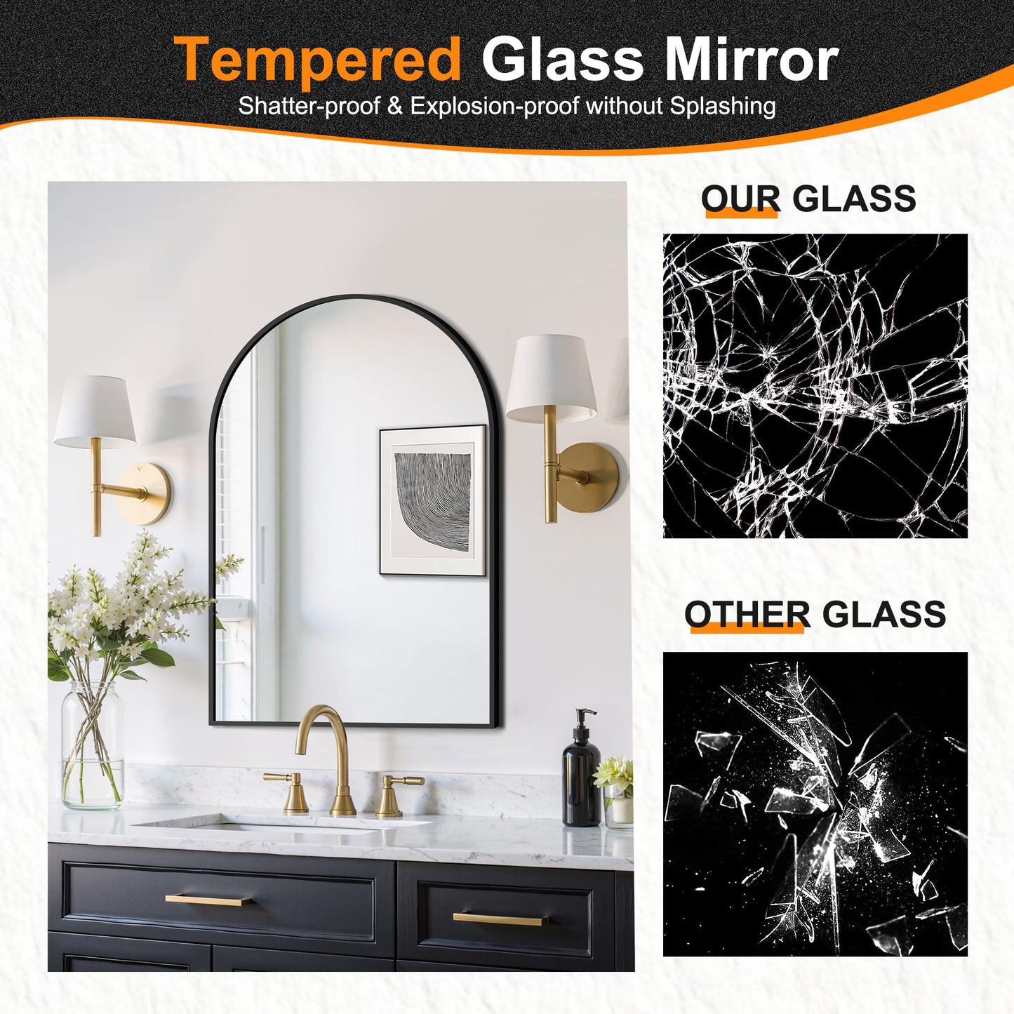 Delma Arched Bathroom Mirror, 24"x36" Wall Mounted Vanity Mirror for Bedroom, Living Room and Entryway, Black