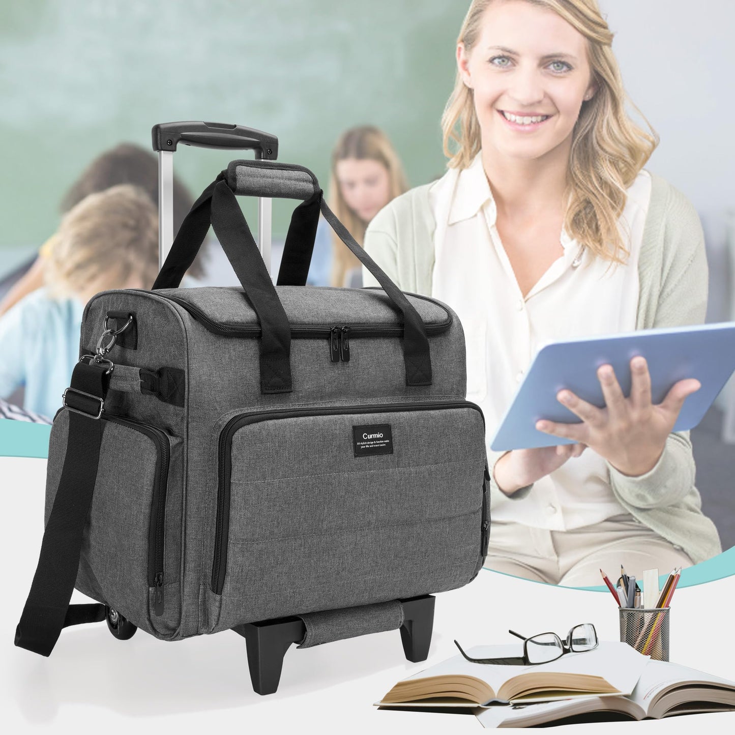 CURMIO Rolling Teacher Bag, Rolling Cart for Teachers with Wheels, Large Teacher Tote Bag for Women, Gray(Patented Design)