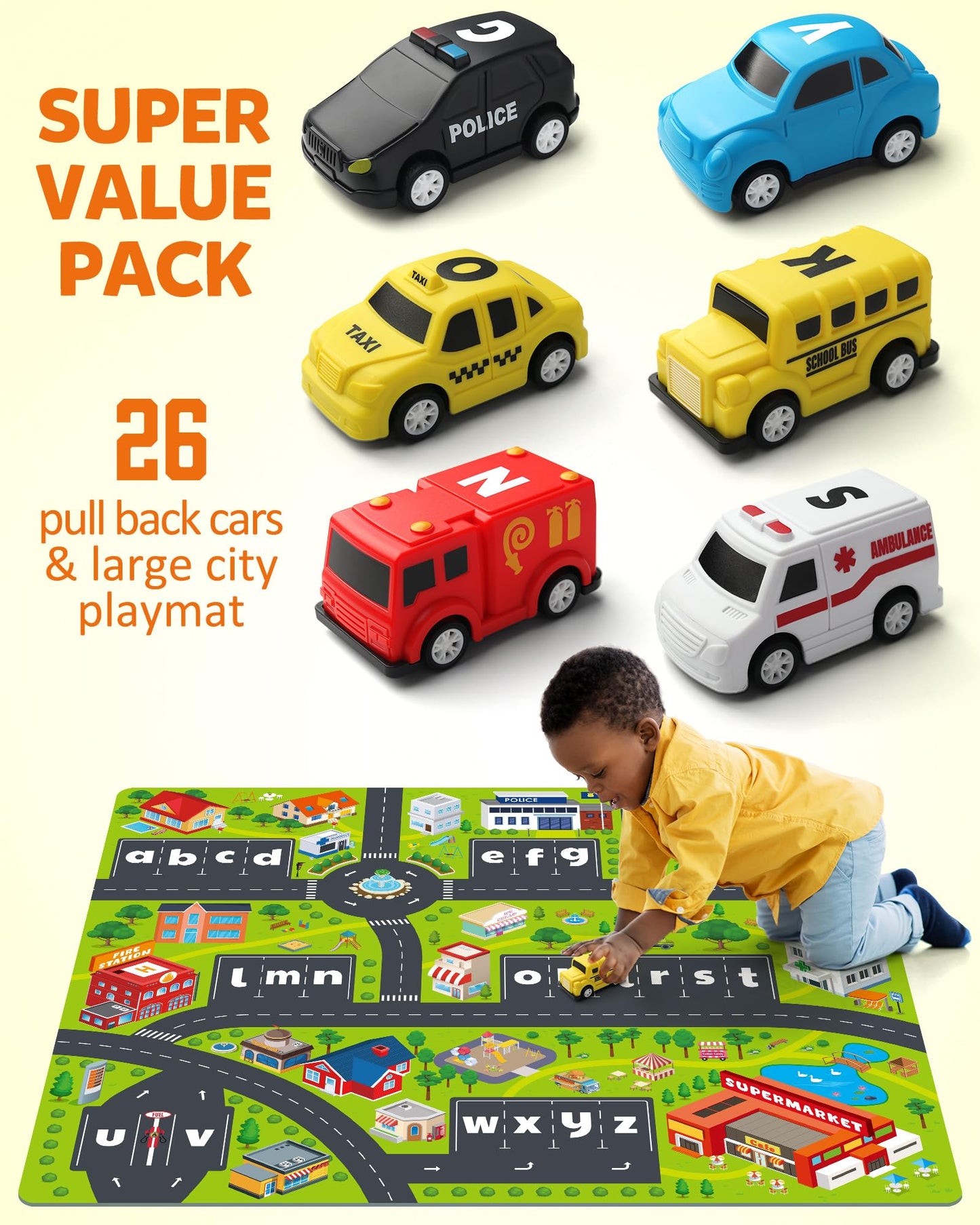 Coogam Alphabet Maze, 26pcs Pull Back Car with Play Mat Preschool Letter Matching Game for 3 4 5 Years Old, Educational Fine Motor Gift Toy for Toddler Kids