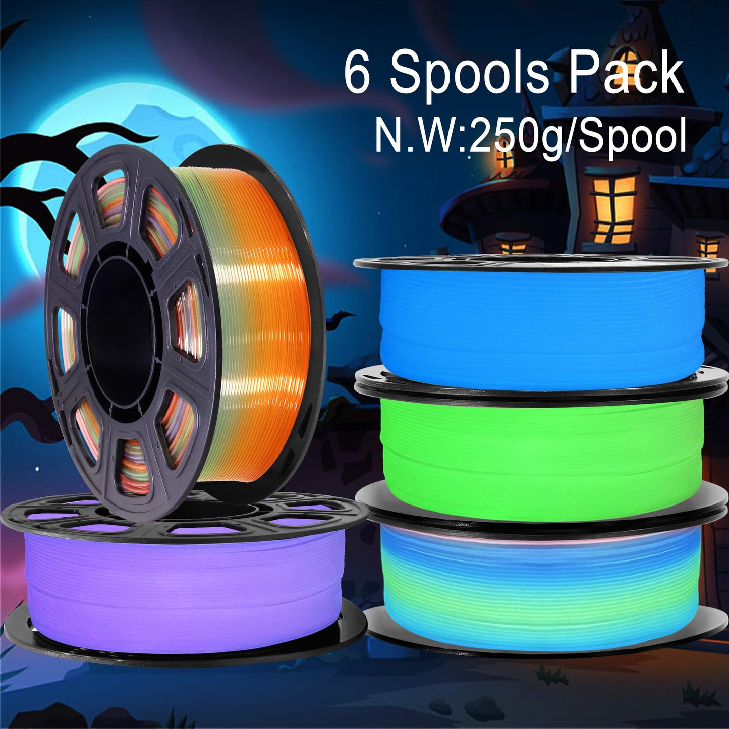 1.75mm PLA 3D Printer Filament Bundle: Glow in Dark Green/Blue/Purple/Rainbow, One Spool Clear Multi Colored, Each Spool 250g, Total 1.25Kg 3D Printing Material, 250g x 5 Spools Glow in Dark PLA