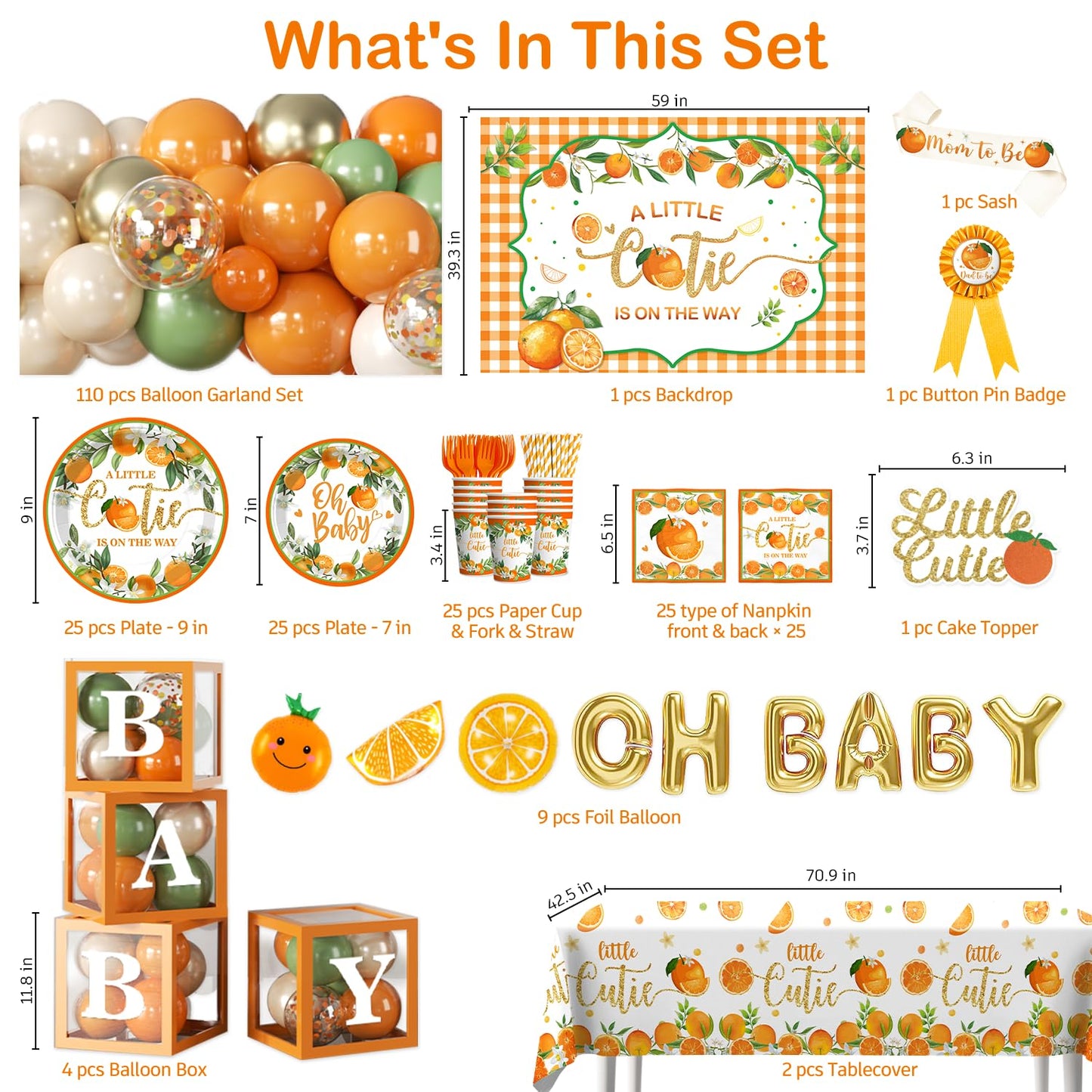 Fexivo 279 PCS A Little Cutie Is On The Way Decorations, All-in-One Orange Baby Shower Party Pack With Balloon, Backdrop, Plates and Napkins, for Little Cutie Baby Shower, Service 25