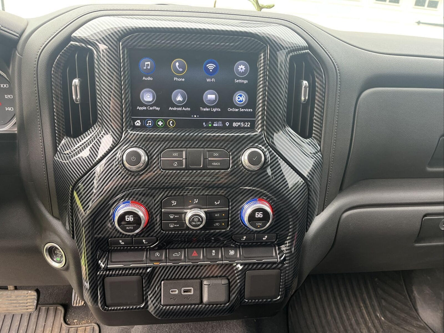 ruihe ‌Carbon Fiber Color Radio & Navigation Control Panel Cover Trim for 2019-2025 GMC Sierra/Chevy Silverado 1500/2500HD/3500HD - ABS Plastic Dash Frame Upgrade (High Version)