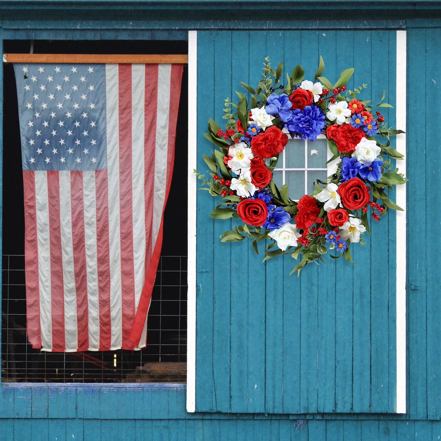 Sggvecsy 20Inch 4th of July Patriotic Day Wreath for Front Door with Artificial Floral Red Blue White Flower Roses Hydrangea Daisy Patriotic Decorations for Memorial Day Independence Day Veterans Day