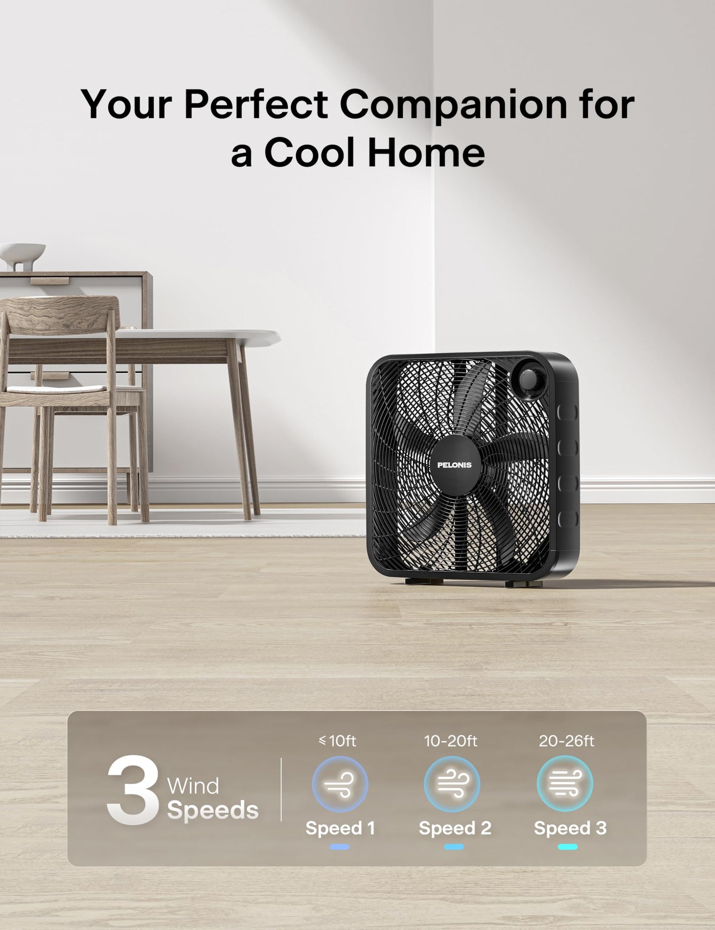 PELONIS 20 Inch Box Fan – 3 Speeds, Window Fans, Floor or Tabletop, 25ft/s, Superior Air Throw (2295 CFM), Lightweight, 5 Blades, Fans for Bedroom, Office, Living Room, Garage