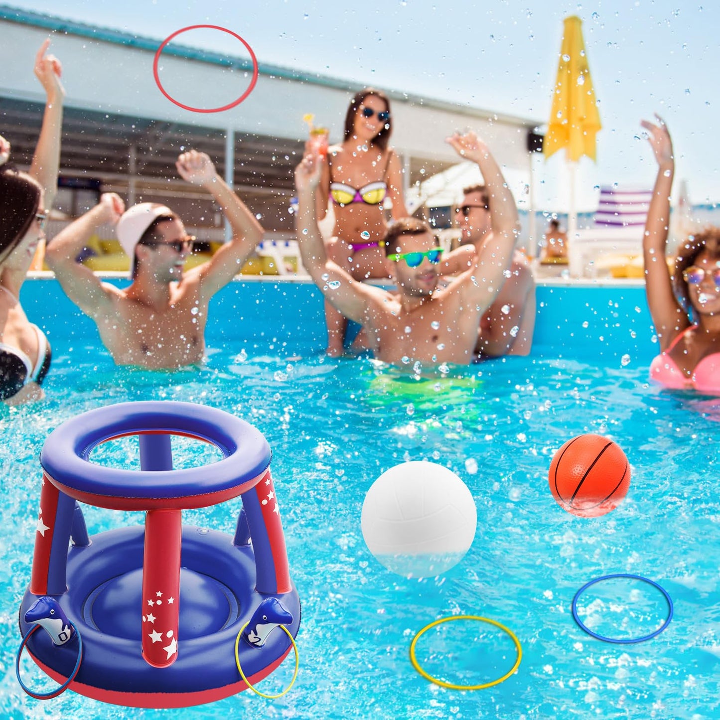 Jasonwell Pool Toys Games Set - 3 in 1 Pool Volleyball Net Basketball Hoop Ring Toss Game Inflatable Floats Water Floating Volleyball Swimming Pools Games Party Gift for Kids Adults (Red&Blue, L)