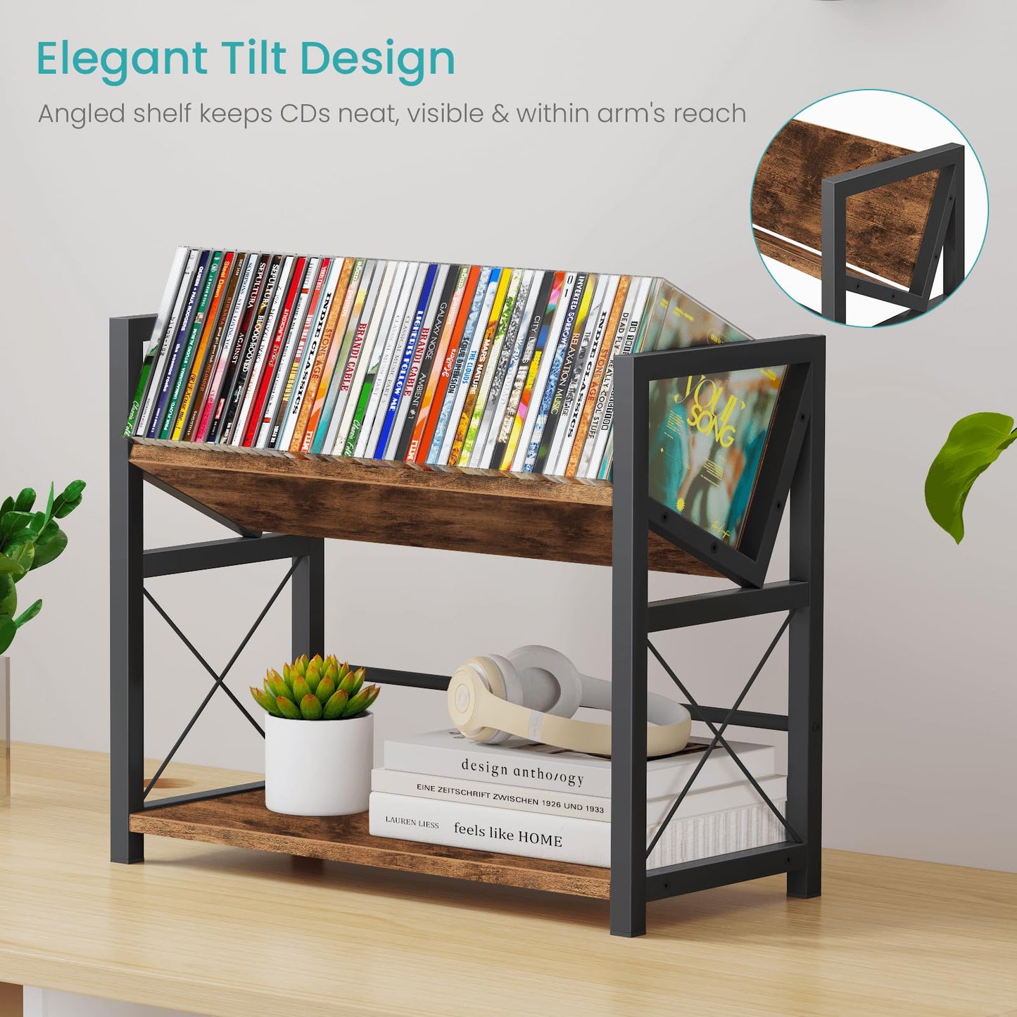 ELITEROO 2-Tier CD Holder, Wooden DVD Storage Rack for Display, Tilting CD Shelf Holds Up to Standard CDs 80 Cases or DVDs 56 cases, Retro Desk DVD Organizer Tower for Music Enthusiasts, Rustic Brown