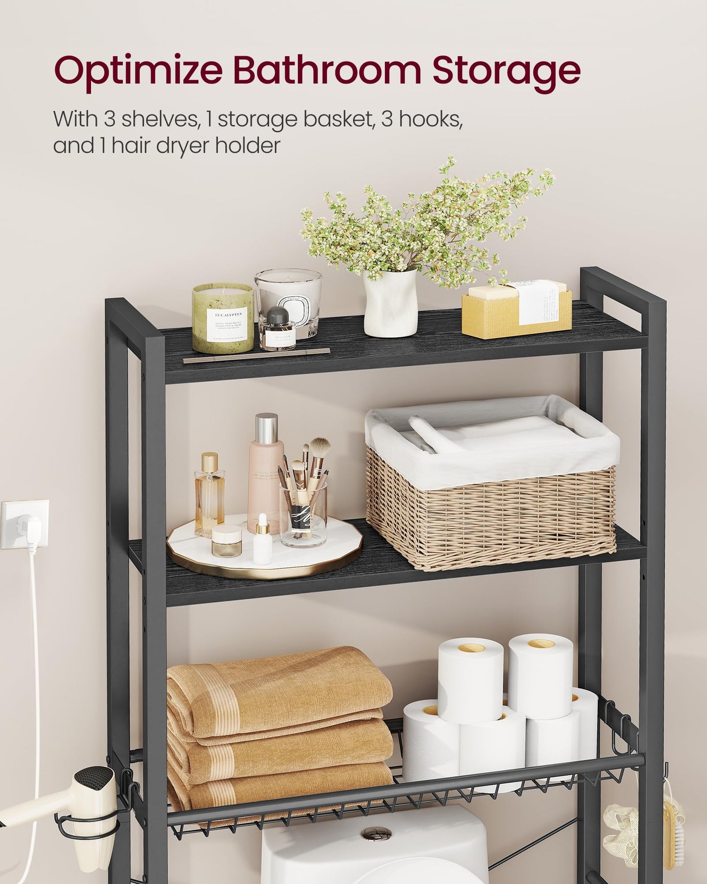 VASAGLE BARNET Collection - Over the Toilet Storage, Over Toilet Bathroom Organizer with Adjustable Shelves and Basket, 3 Hooks, Space Saving, 9.4 x 23.6 x 63 Inches, Ebony Black UBTS113BE01S