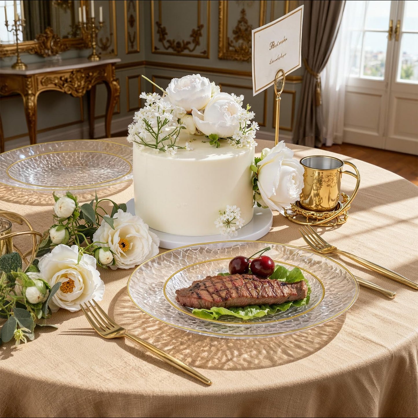Rubtlamp 150Pcs Plastic Plates, Heavy Duty Clear Plates With Gold Rim, Hammered Gold Dinnerware Set Include 30 Dinner Plate, 30 Dessert Plate, 90 Plastic Silverware