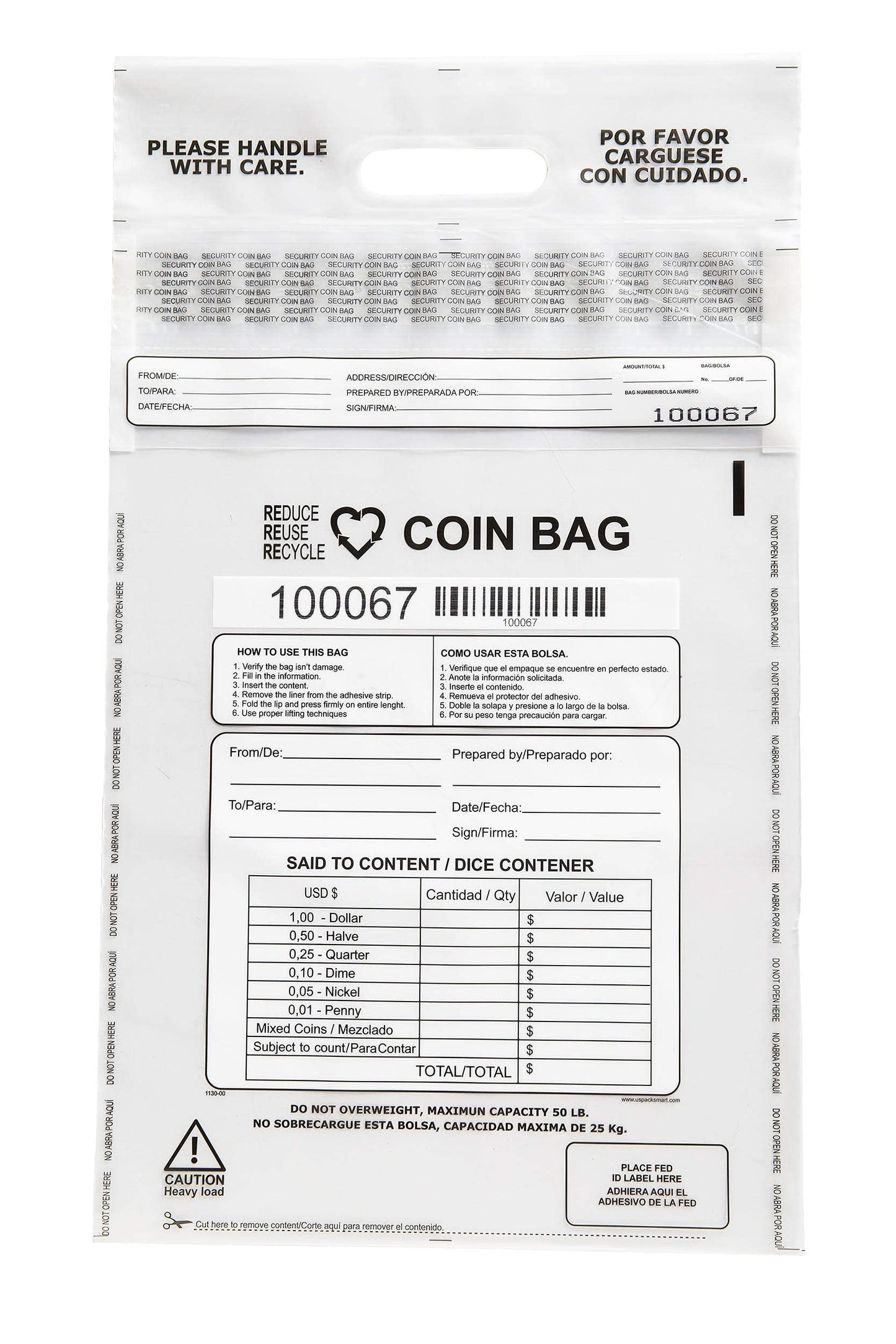USPACKSMART Clear Plastic Coin Bag 12.5" x 21.5" | 50 lb. Capacity | Sequential Barcode Number, Self-Sealing, Permanent Adhesive | Ideal for Handling and Transport of Coins and Casino Chips | 50-Pack