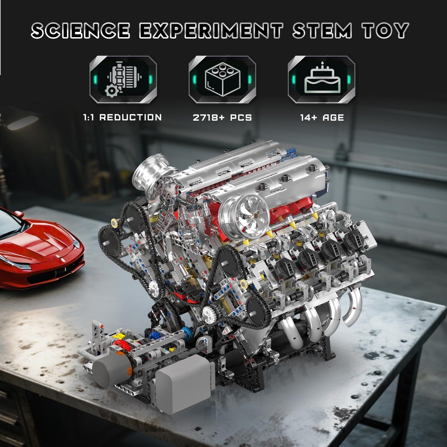 Mould King 10219 V8 Engine Model Kit - Build Your Own Supercar Model Engine, STEM Engineering Building Blocks Sets with Motor, 8-Cylinder Engine Building Kits for Teens Adults(2718 Pieces)