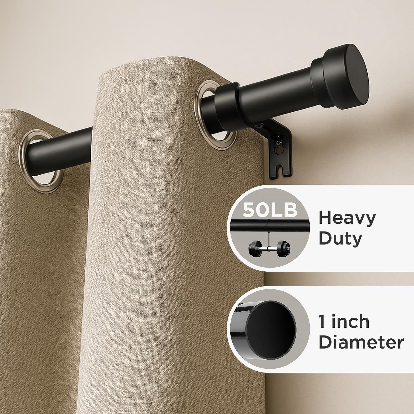 Joydeco Curtain Rods for Windows, Adjustable Black Curtain Rods 16 to 120 inches, 1 inch Diameter Heavy Duty Decorative Window Single Rod Set with Aluminium Finials