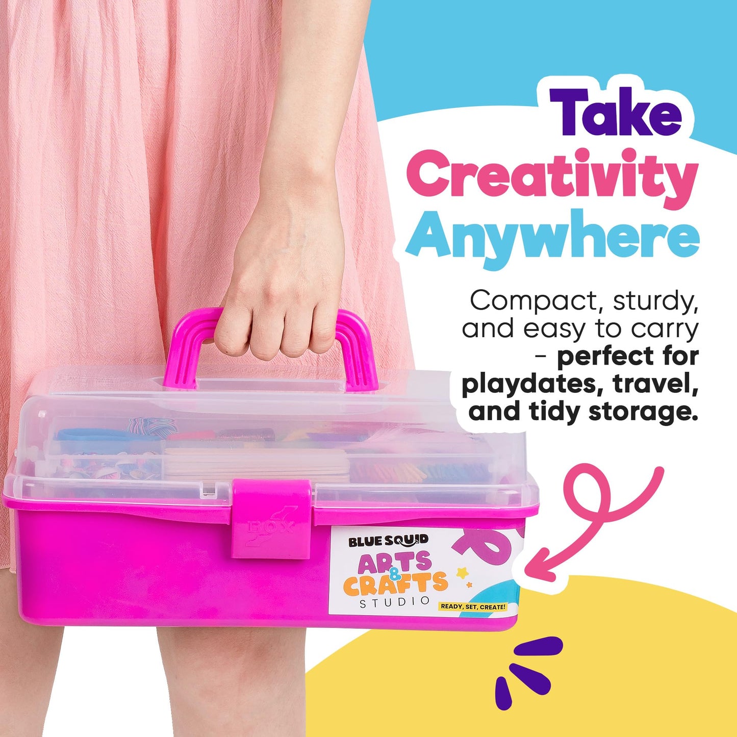 Blue Squid Arts & Crafts Box (Pink)- 2800+ pcs Deluxe Craft Supplies Box, 2 Drawers, 18 Compartments, Sturdy Handle - Art Crafting Kit Birthday Gifts for Kids, School Supply for Ages 4-12