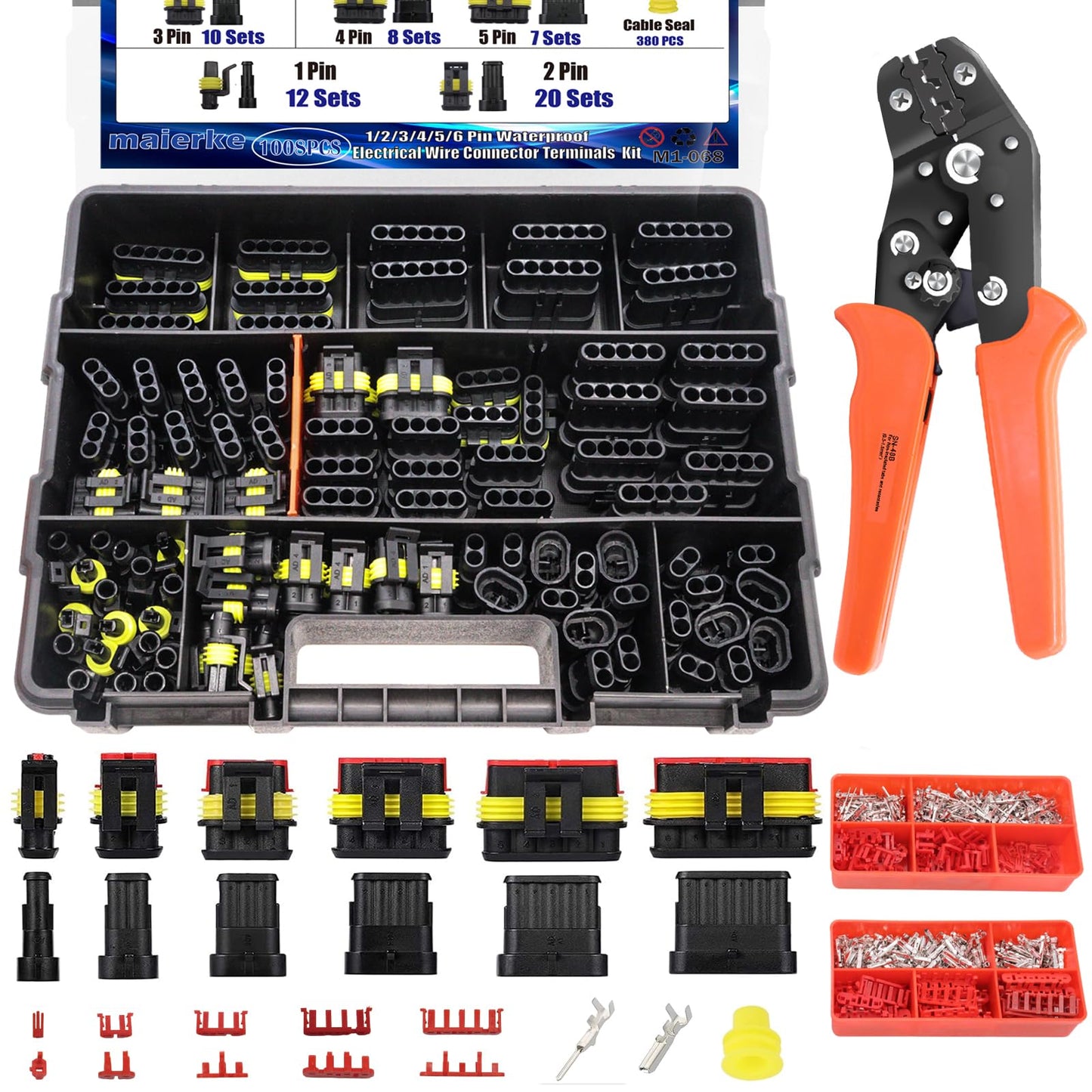 maierke 1008PCS 63 Sets Waterproof Automotive Electrical Connectors Waterproof Wire Connectors Automotive Replacement Ignition Plug Connectors 1/2/3/4/5/6 Pin with Ratcheting Crimper Pliers