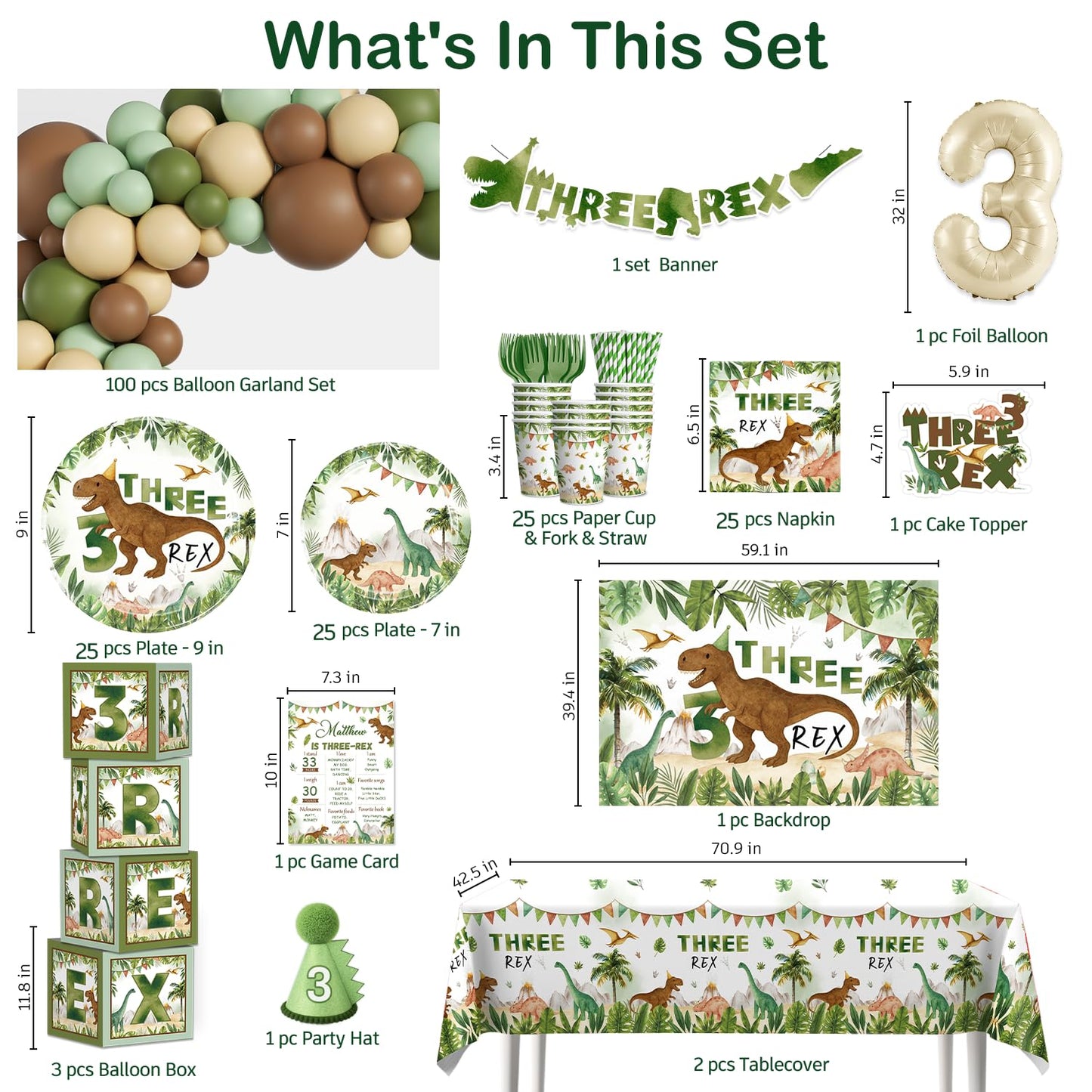 cocomigo 267pcs Three Rex Birthday Decorations Boy Complete Party Set, 3 Rex Birthday Decorations Boys, Serves 25 Guests, for Dinosaur Theme 3rd Party Supplies